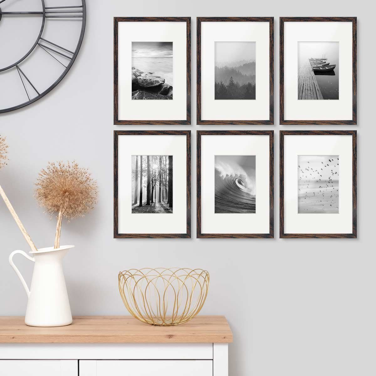 PHOTOLINI Bilderrahmen 6er Set 21x30 cm / A4 Modern Schmal mit Passepartout Eiche dunkel | Einzelrahmen