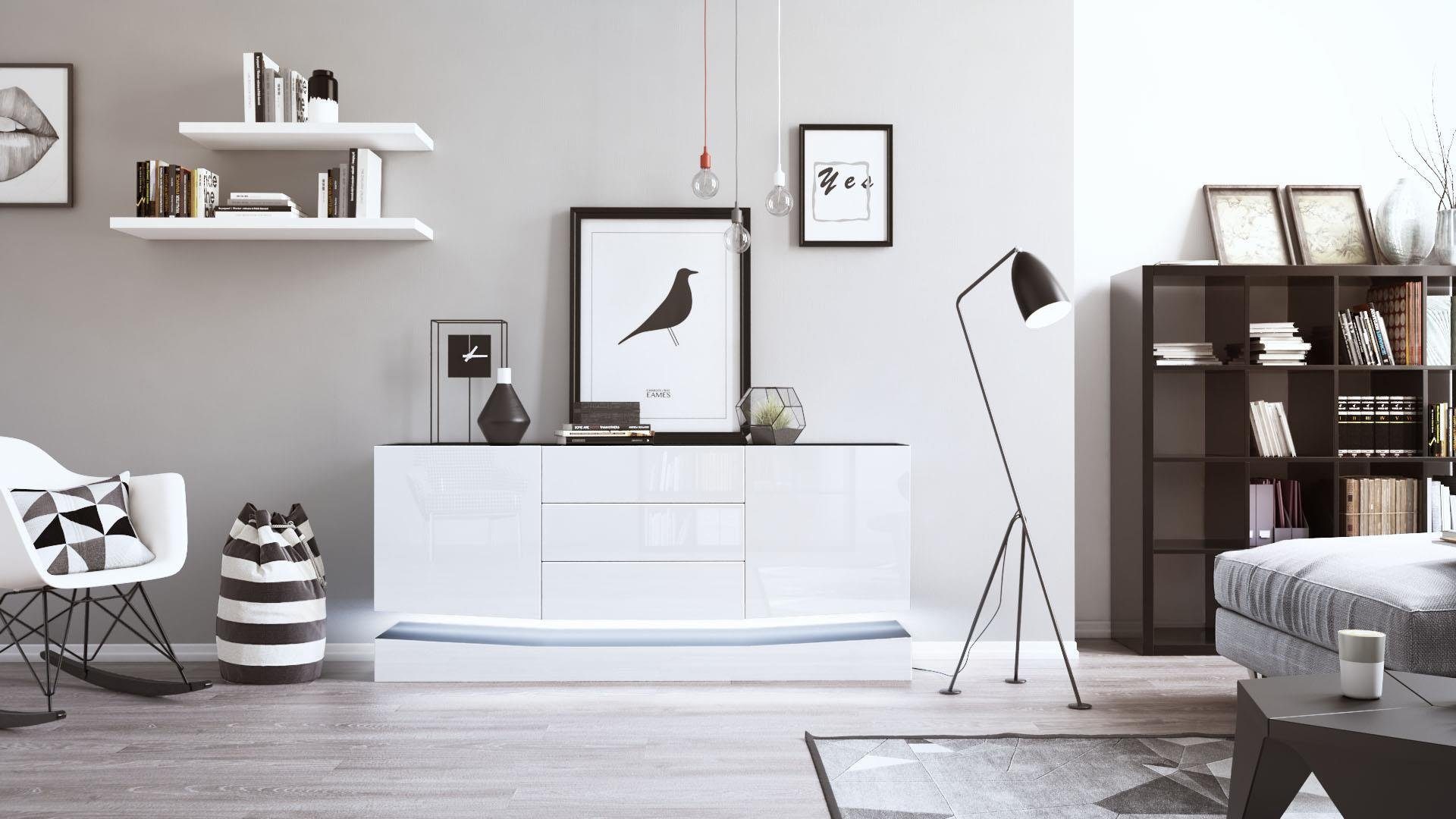 Vladon Sideboard City (Kommode mit 2 Türen, und 3 Schubladen inkl. LED-Beleuchtung), Schwarz matt/Weiß Hochglanz (178 x 72 x 38 cm)