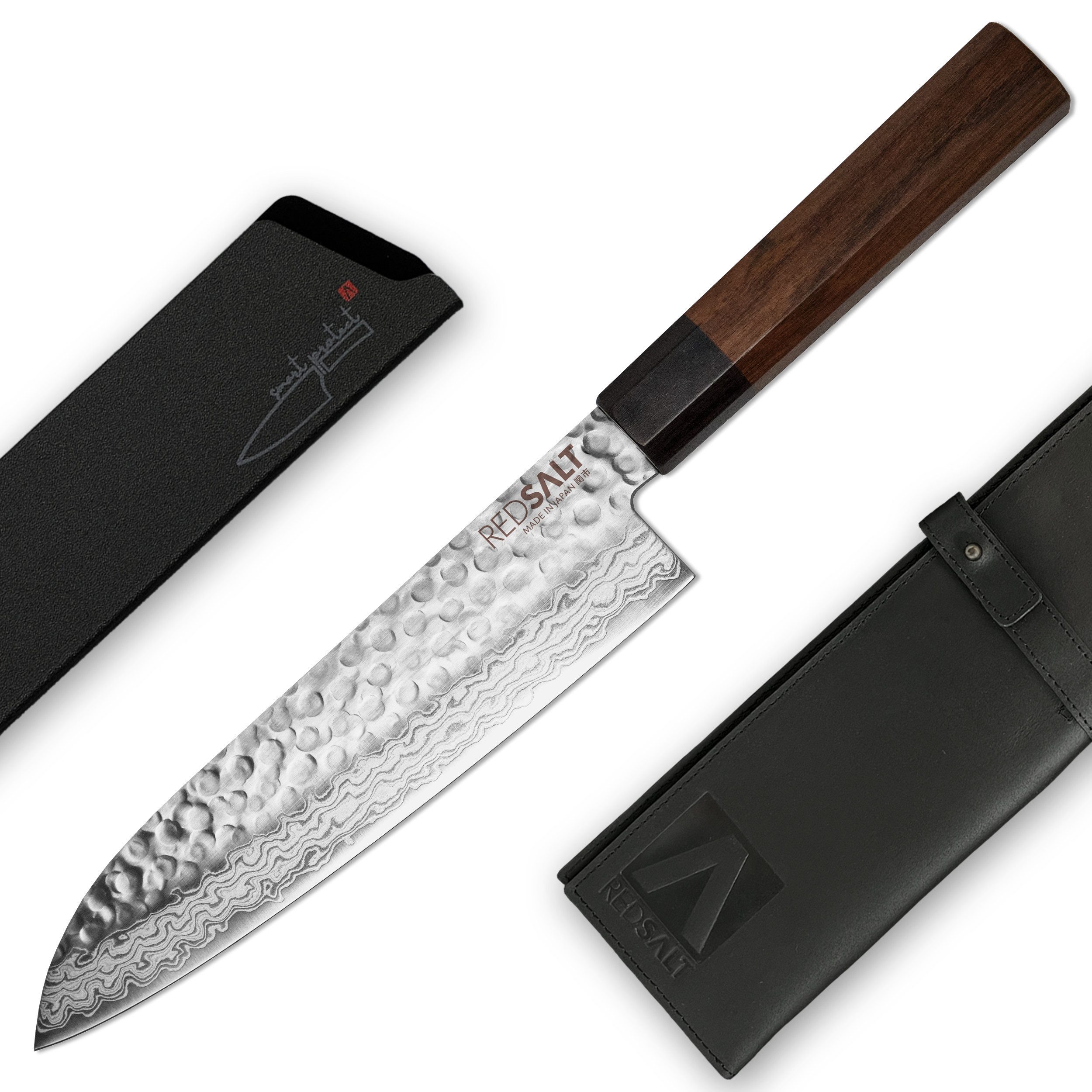 REDSALT® Damastmesser SANTOKU  18cm Profi Küchenmesser mit Ledertasche & Klingenschutz, handgefertigt, Made in Japan