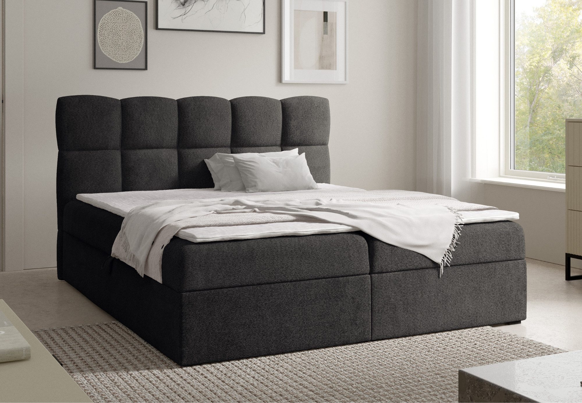 Home Collective Boxspringbett Polsterbett Doppelbett Bett mit Stauraum und Topper, viele Größen (Verfügbare Größen: 120x200, 140x200, 160x200, 180x200, 200x200 cm), bodennahe Optik modernes Design mit Kassettensteppung Schwarz