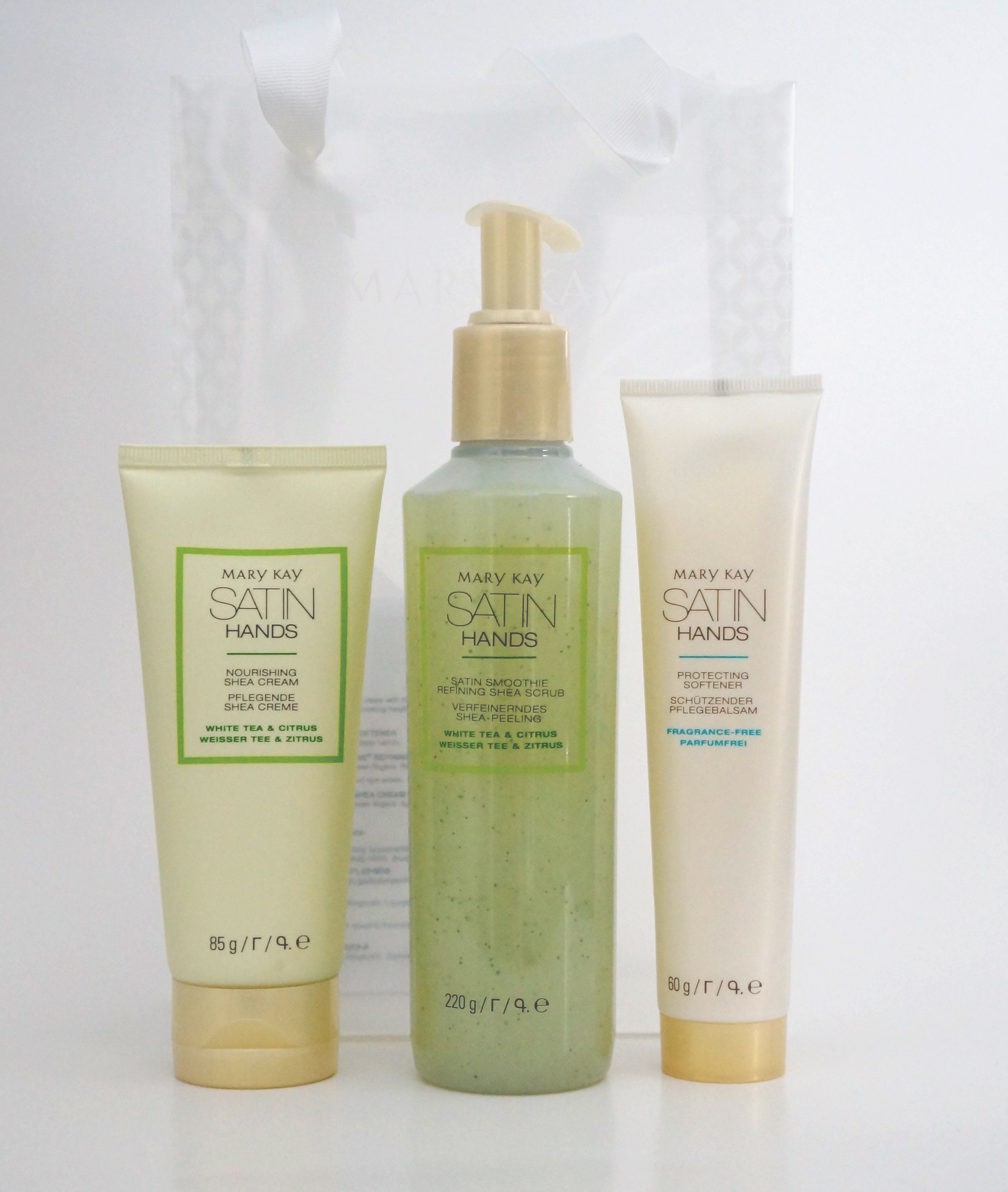 Mary Kay Handpflege-Set Mary Kay Satin Hands Set White Tea & Citrus Verwöhnset für die Hände enthält protecting softener(Pflegebalsam) 60g, shea scrub (Shea Peeling) 220g, Hand Cream(pflegende shea creme) 85g