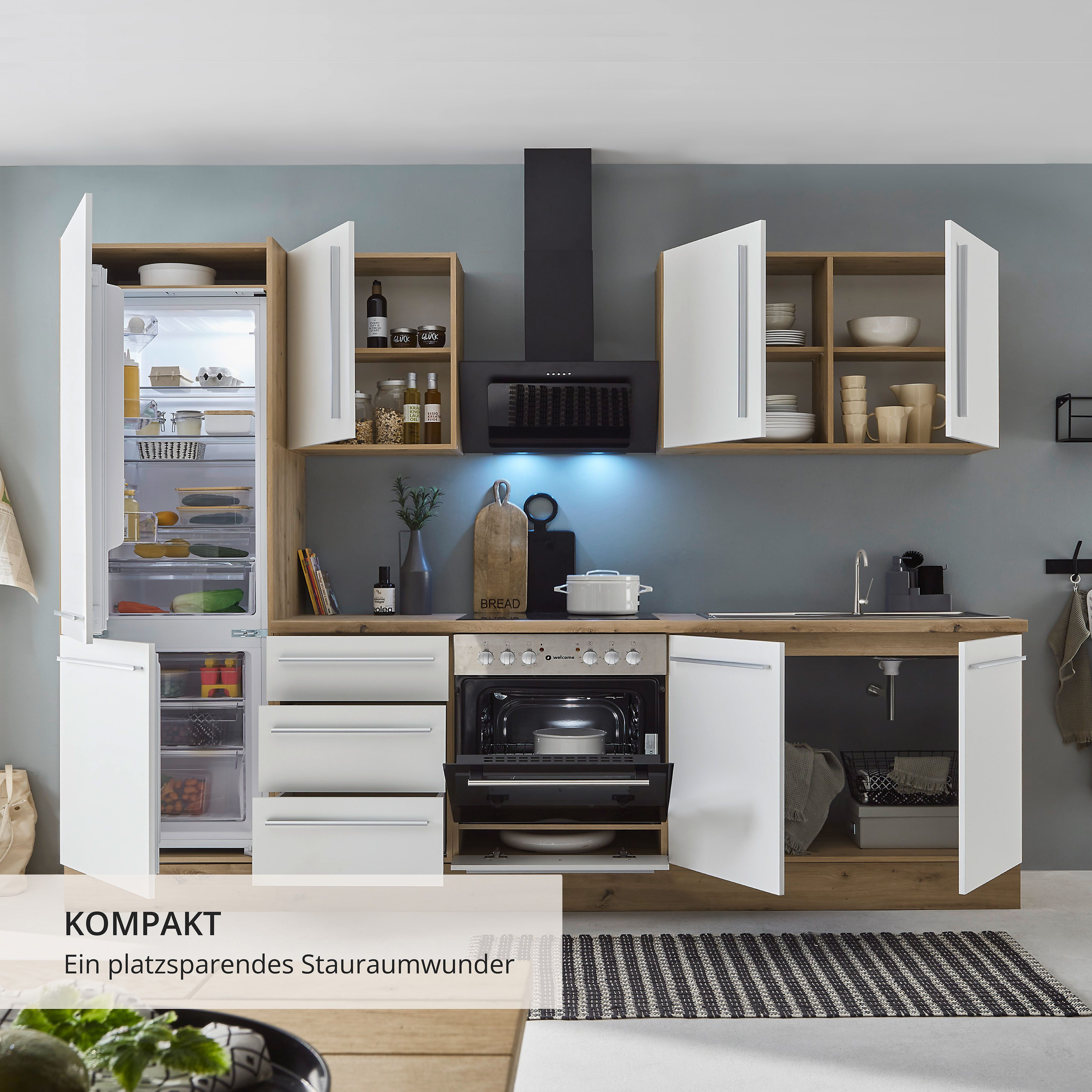 KOCHSTATION Küchenzeile KS-Florida mit 38mm starker Arbeitsplatte, Breite 270 cm, wahlweise mit E-Geräten, Soft-Close-Funktion