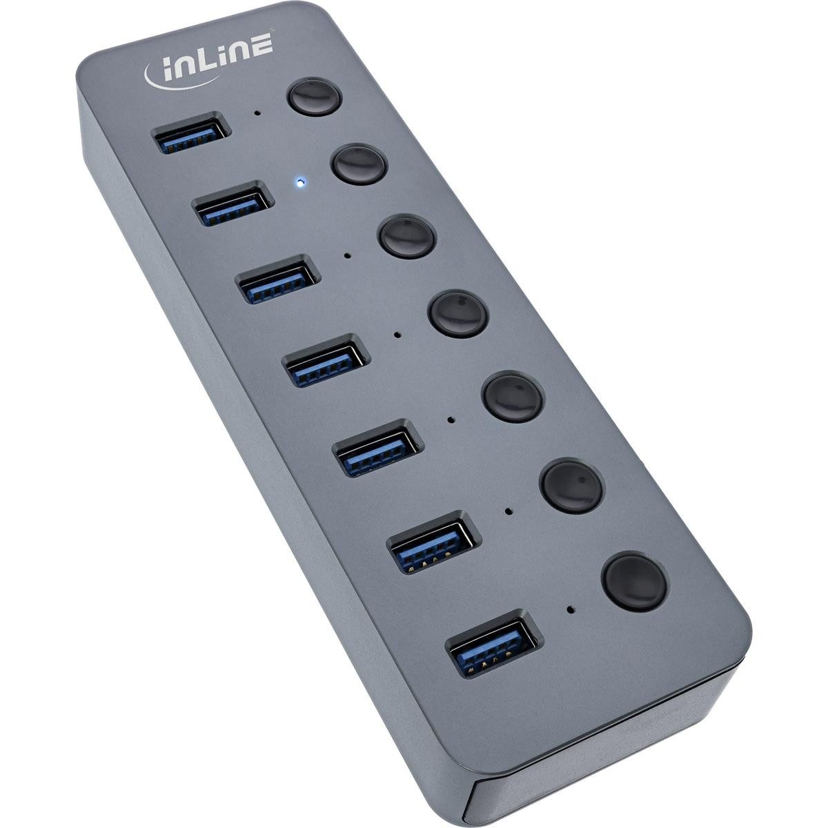 Mauspad InLine® USB 3.2 Gen.1 Hub 7-Port mit Schalter Aluminium grau mit Netzt