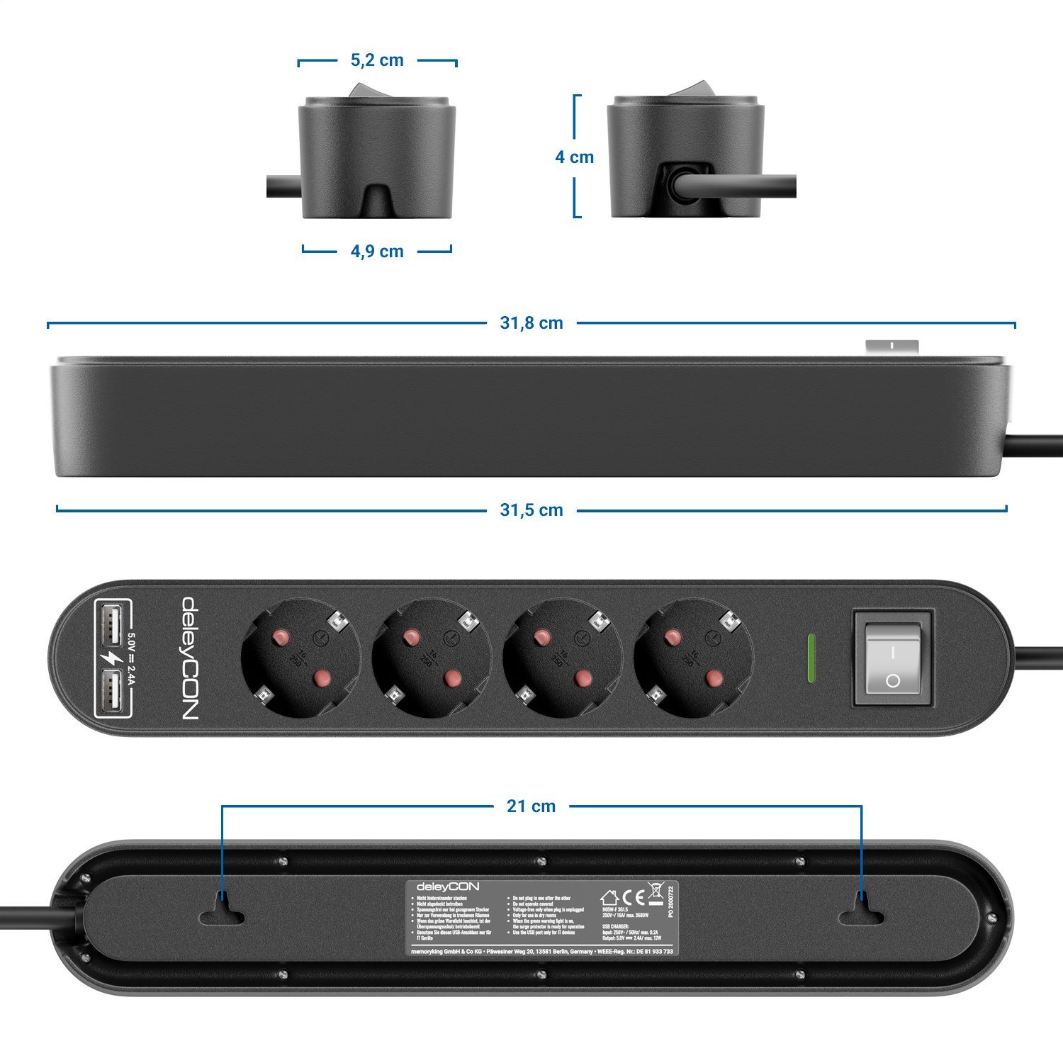 EIN/AUS deleyCON deleyCON 4 Fach Steckdosenleiste Steckdosenleiste 1,5m mit USB & Schalter