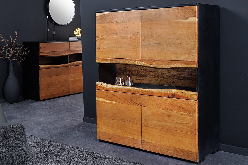 riess-ambiente Highboard GRAND ACACIA 120cm braun/ schwarz - Akazie-Massivholz, LED-Beleuchtung (Einzelartikel, 1 St), handmade & Design mit Baumkante - ideal f – Bild 2 von 5