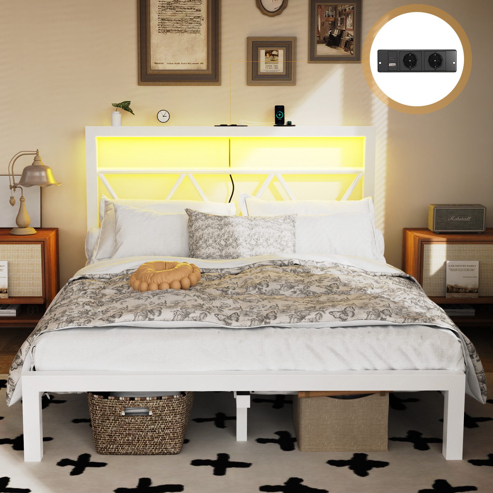 oyajia Metallbett Bettgestell mit LED-Beleuchtung, 90x200/140x200/160x200cm (mit aufladen USB Ladefunktion Kopfteil, 2AC + USB & TYPE-C,Minimalistischer), Ohne Matratze, Reichweite Speicher, Weiß