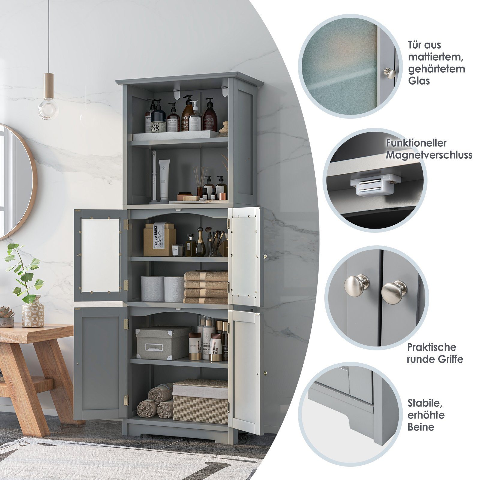 COSTWAY Hochschrank Bad, Küchschrank mit verstellbarem Regal, Holz weiß 163cm