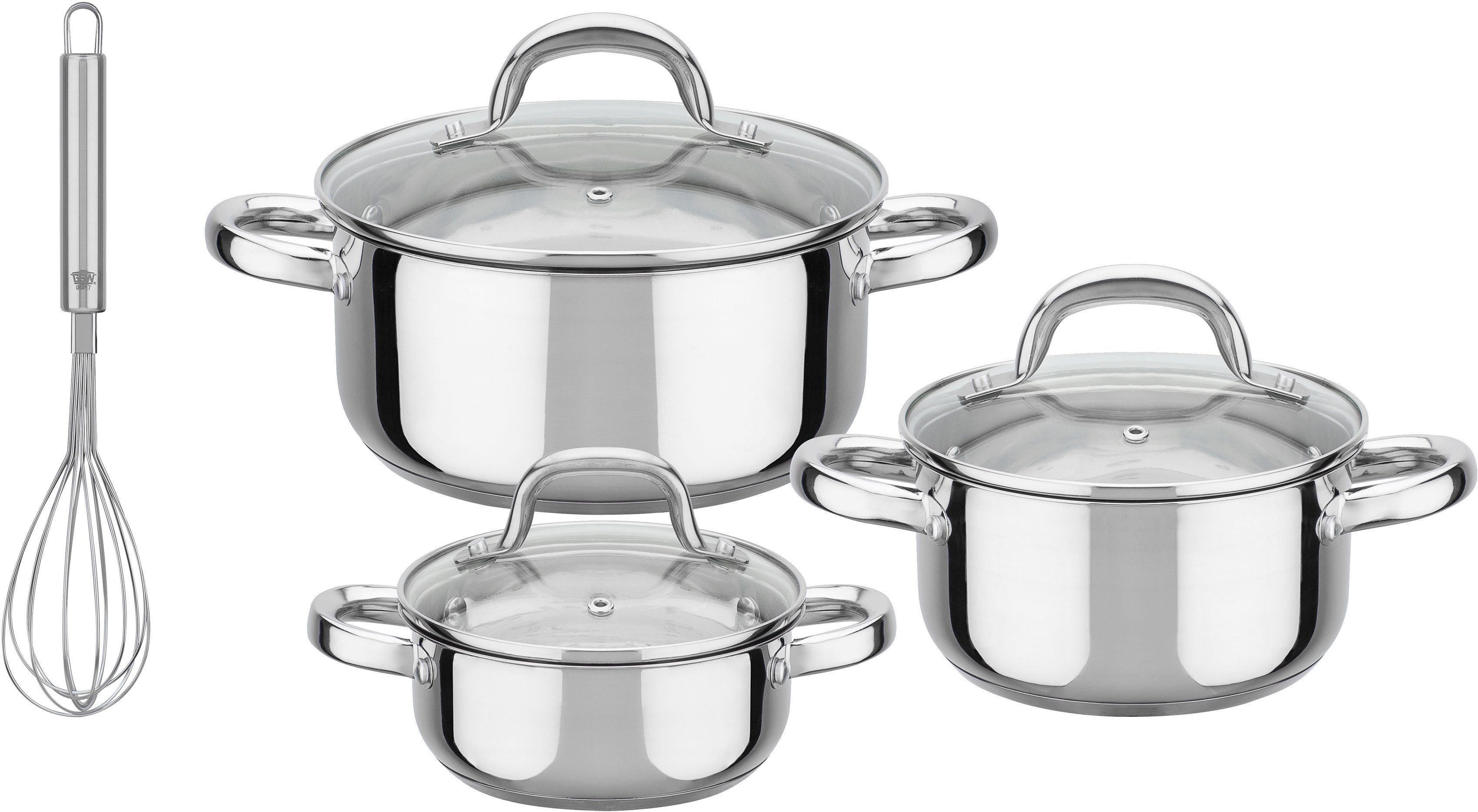 GSW Topf-Set Montreal, Edelstahl (Set, 7-tlg., je 1 Kochtopf mit Deckel Ø 14/16/20 cm), inkl. aller Kochutensilien die eine Haushaltsküche benötigt, Induktion