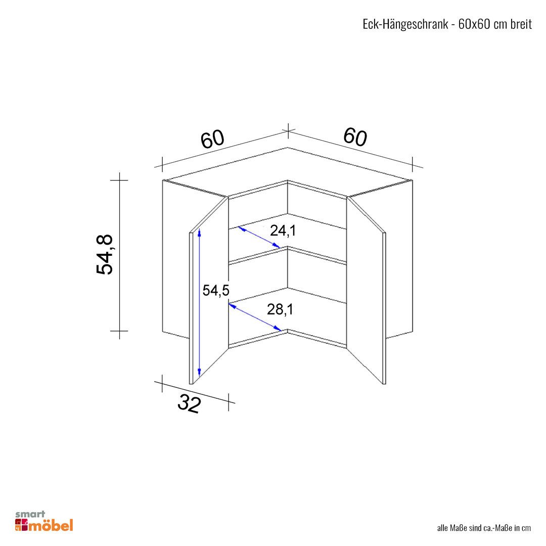 Flex-Well Eckhängeschrank Eckhängeschrank Küche - 60 x 60 cm breit - Weiß – Witus