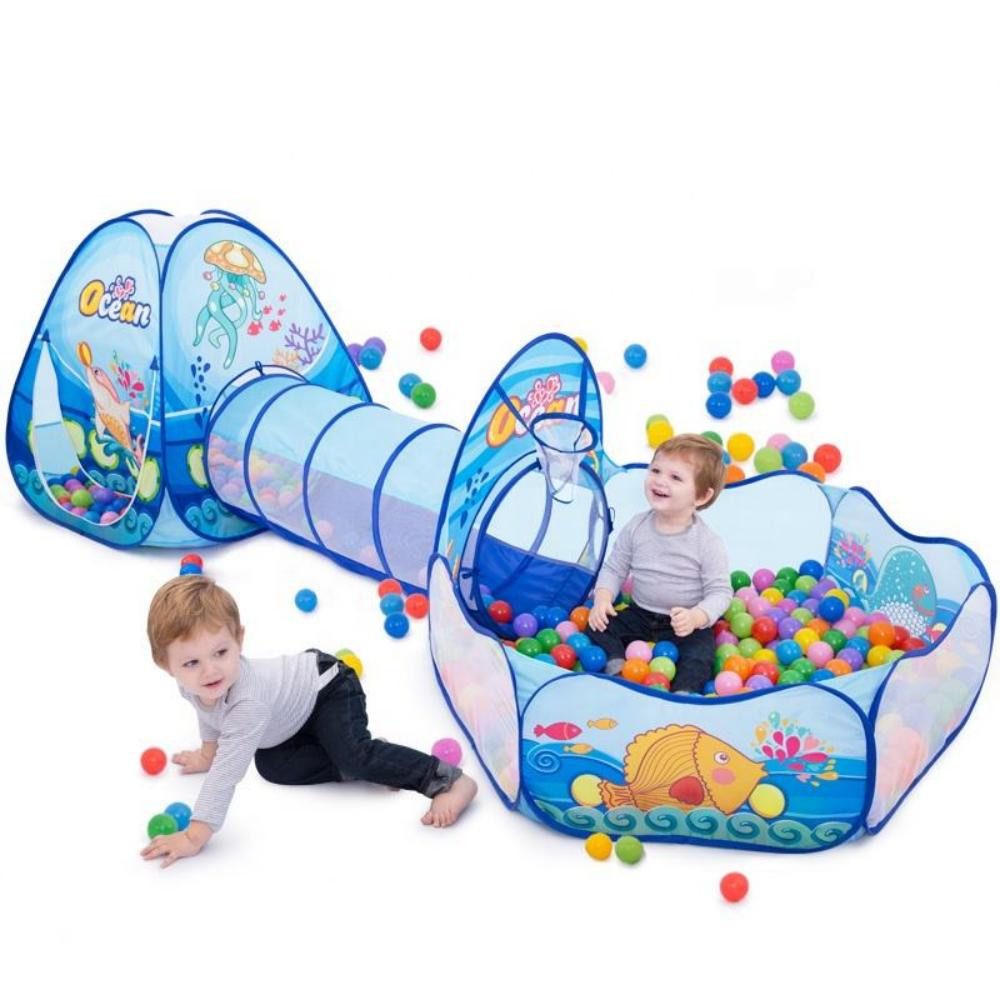 Spielzelt 3-in-1 Kinder Spielzelt mit Tunnel und Bällebad aus Polyester