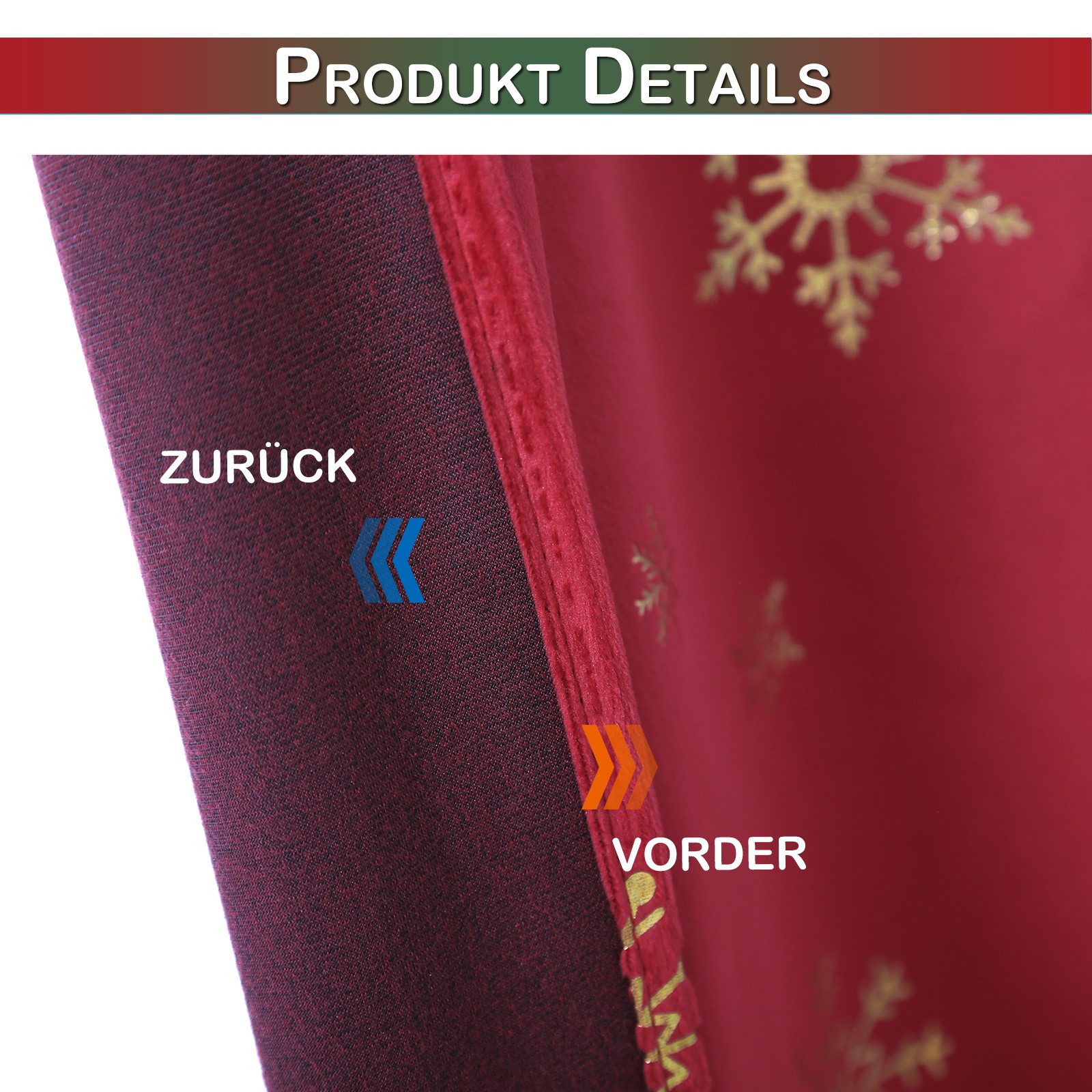 Rosnek Gardine Weihnachtsvorhang Samt, Wärmeisolierend, Blickdicht, Goldschneeflocken, Thermovorhang für Wohn- & Schlafzimmer, Rot/Grün, 132 cm breit – Bild 5 von 5