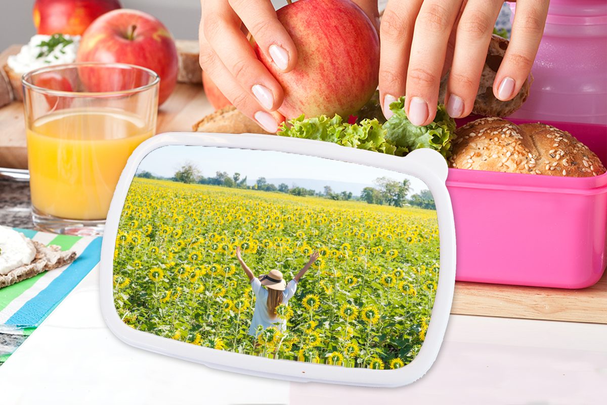 MuchoWow Lunchbox rosa (2-tlg), Brotdose Sonne, Kinder, - - Kunststoff, Mädchen, Frau Kunststoff Sonnenblume Erwachsene, Brotbox für Snackbox