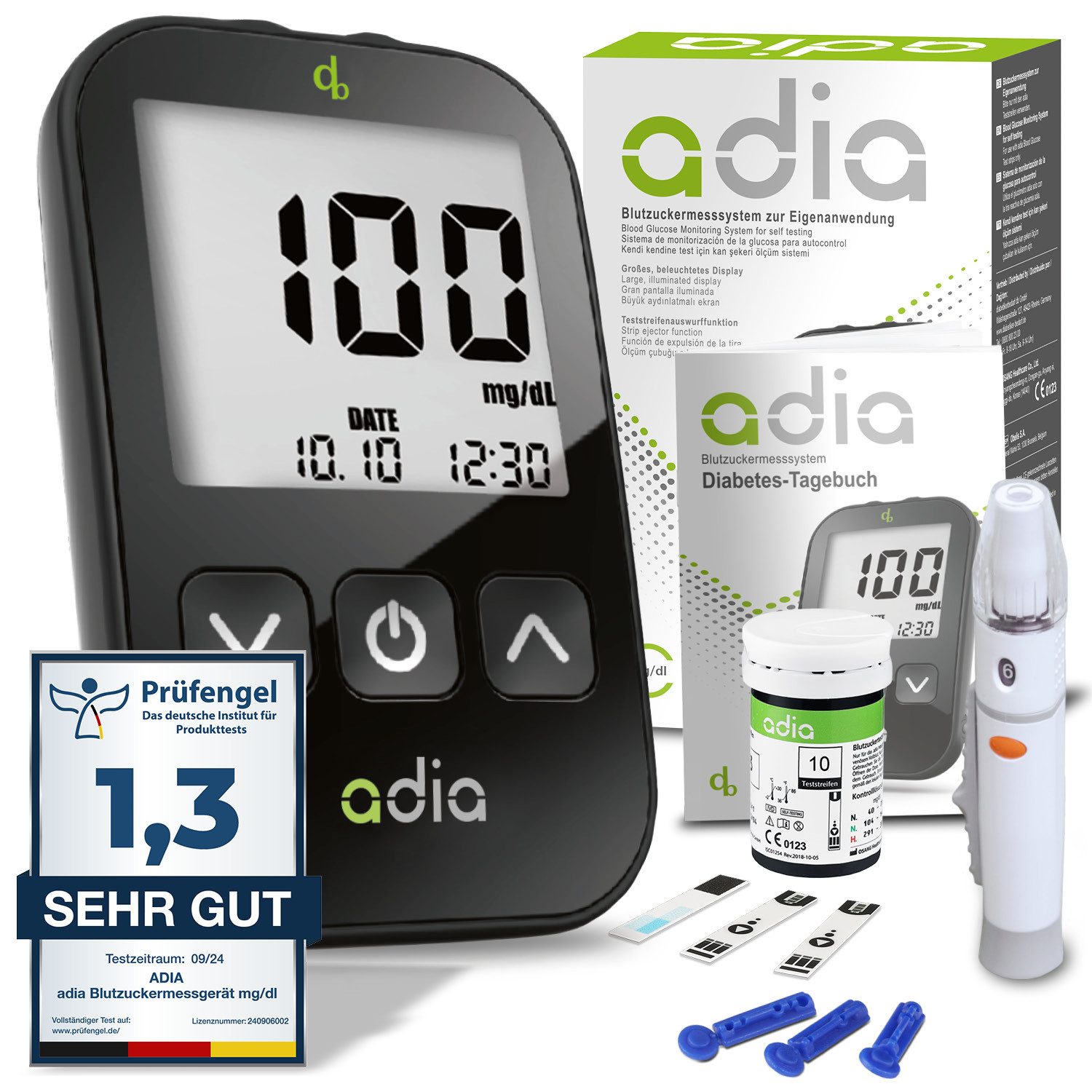 ADIA Blutzuckermessgerät adia Blutzuckermessgerät Set inkl. 10 Teststreifen, mg/dl