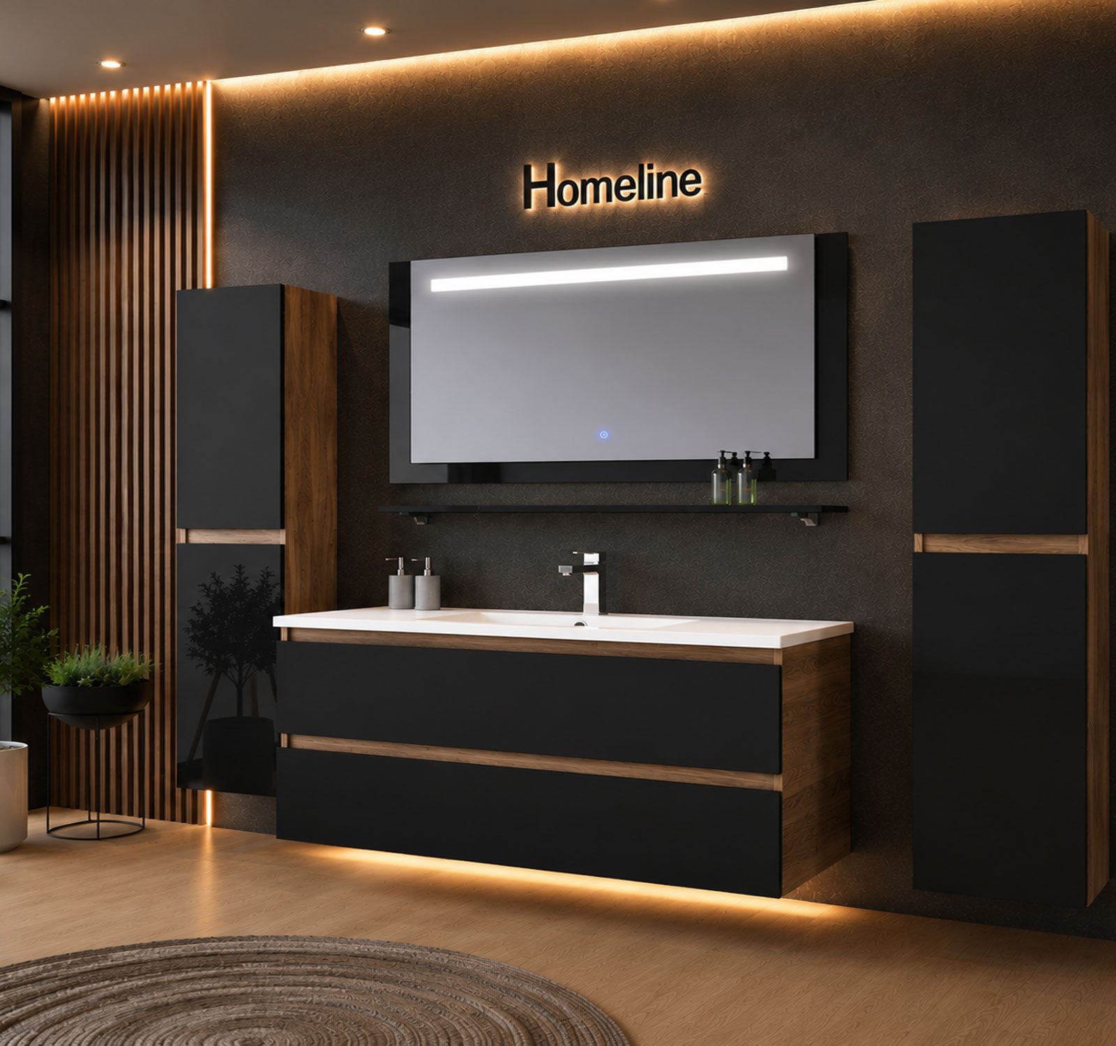Homeline Badmöbel-Set Kaiser badmöbel, Set Eiche/Schwarz mit LED Spiegel Bad, (4-St., Bis 6 teilig), Hochglanz