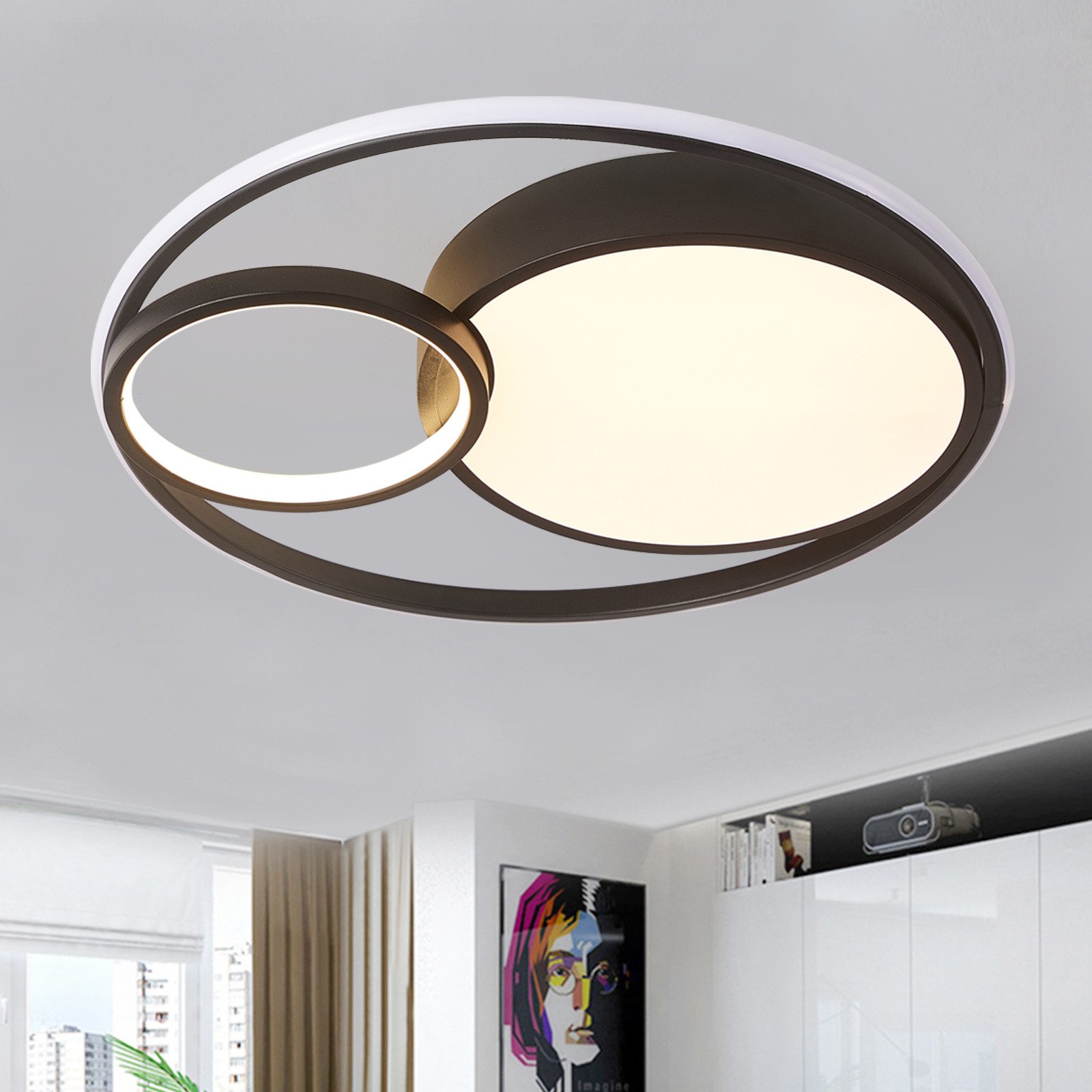 style home LED Deckenleuchte Deckenlampe aus Metal, dimmbar mit Fernbedienung, 55W, LED fest integriert, einstellbar von warmweiß bis kaltweiß, Runde Lampe für Wohnzimmer Schlafzimmer Küche, 50x50x8,5cm,Schwarz