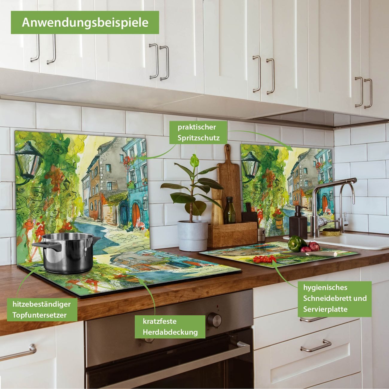 banjado Herd-Abdeckplatte einteilig aus Glas mit Motiv Historischer Stadtkern, (gehärtet, 1 tlg., inkl. selbstklebende Gummifüßchen)
