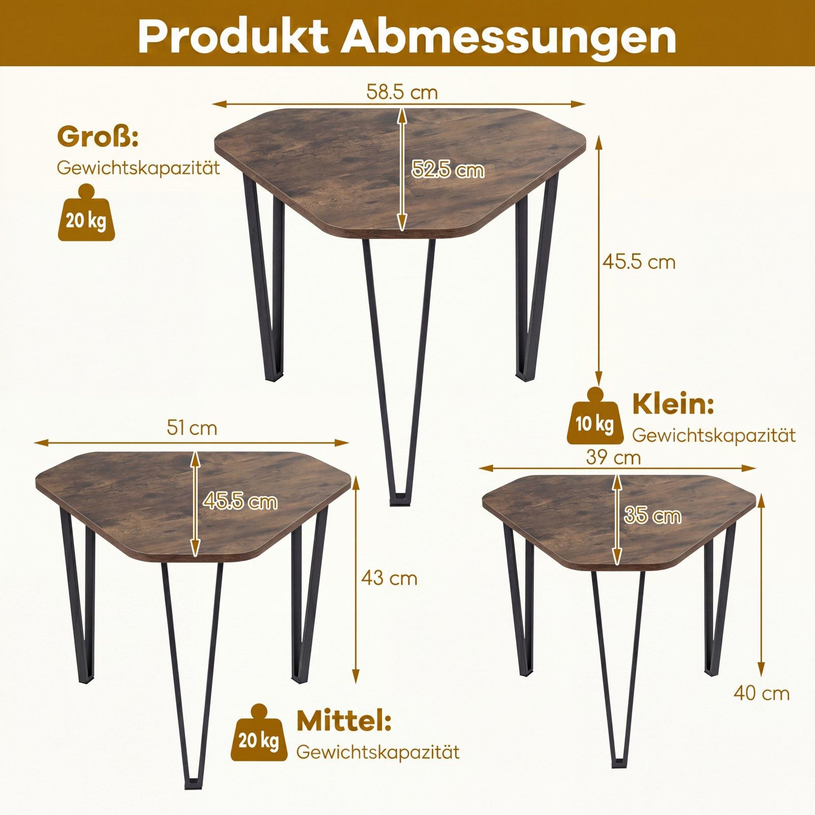 COSTWAY Beistelltisch Satztisch Couchtisch in 3 Größen platzsparend (3er Set), Stahl – Bild 5 von 5