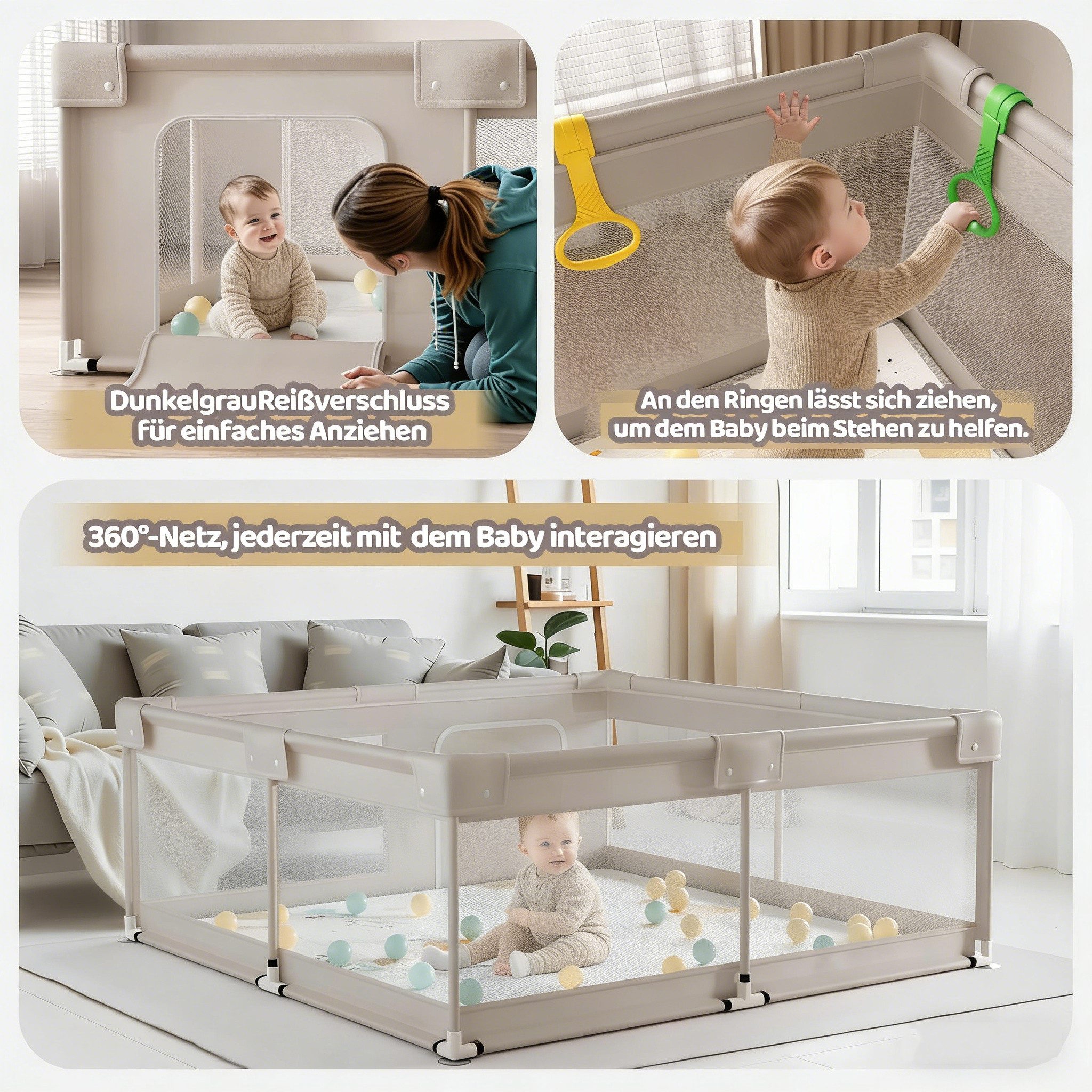MC Star Laufstall Baby-Laufstall 150x150x68 cm (atmungsaktivem Mesh & Saugnäpfen), XXL Spielgitter mit Oxford-Stoffmatte