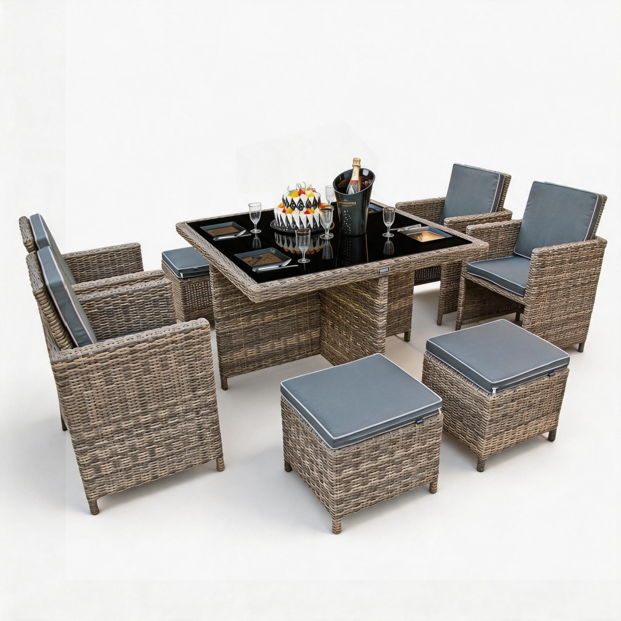 Ragnarök Möbel-Design Garten-Essgruppe Garten-Essgruppe Esstisch Set Heimdall 4+4, (Set, 4 vormontierte Sessel, 4 Hocker und 1 Tisch), Premium 4+4 Gartenmöbel-Set mit verschweißten Aluminiumgestellen