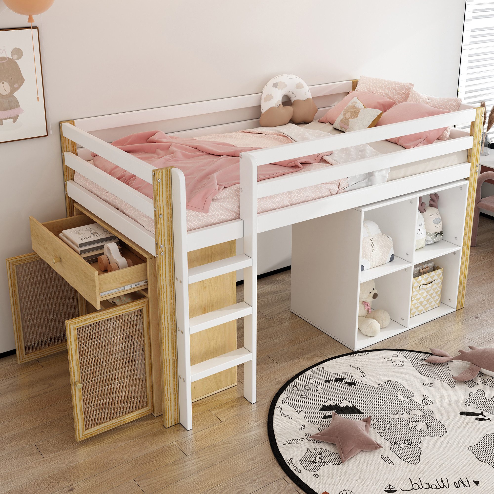 OKWISH Etagenbett Kompaktes Hochbett 90x200 cm mit 2 Aufbewahrungsschränken (Kinderbett, Platzsparendes Kinderbett für mehr Ordnung im Zimmer), mit stabiler Kletterleiter und fester Seitenkonstruktion ohne Matratze