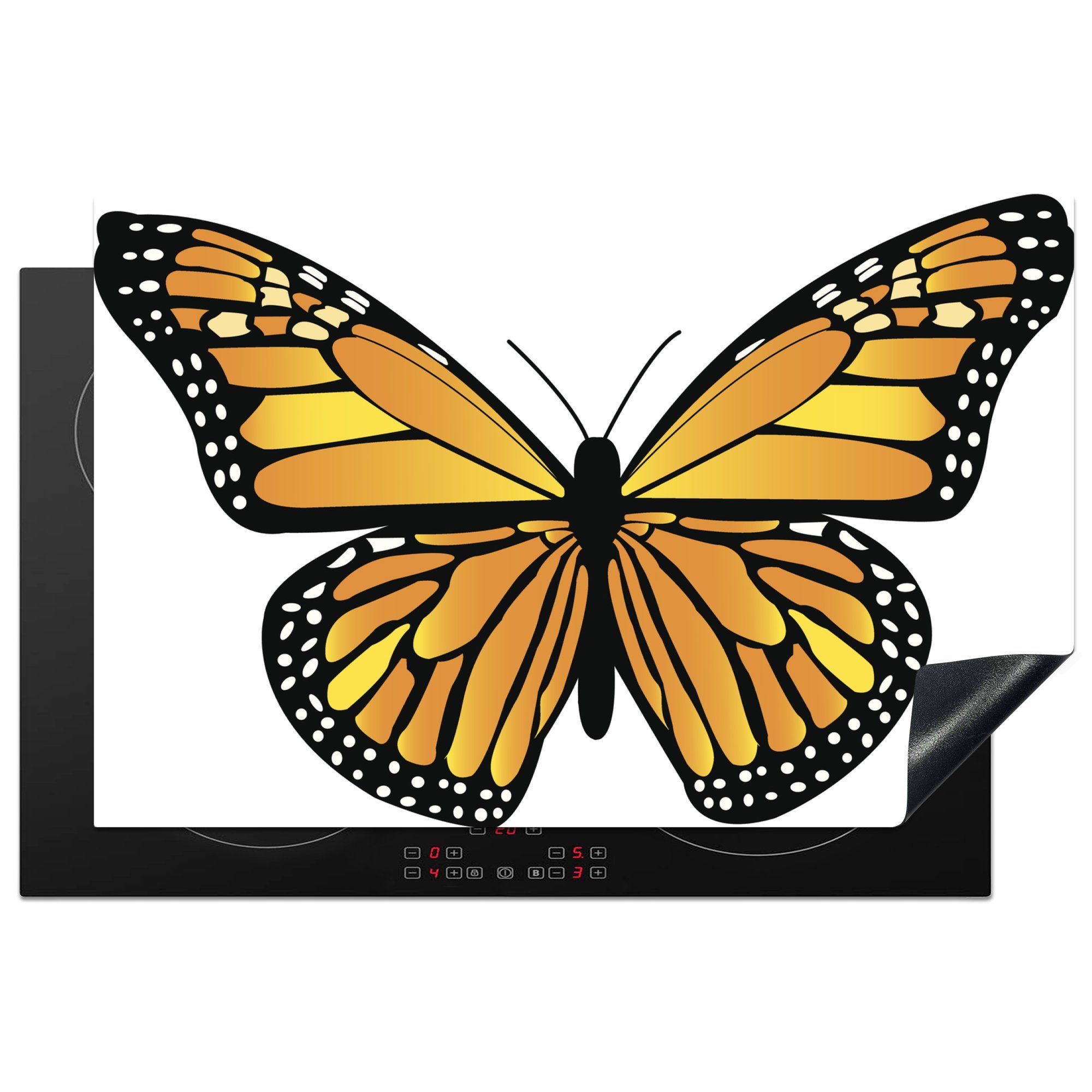 MuchoWow Herdblende-/Abdeckplatte Eine Illustration eines gelb-orangen Schmetterlings, Vinyl, (1 tlg), 81x52 cm, Induktionskochfeld Schutz für die küche, Ceranfeldabdeckung