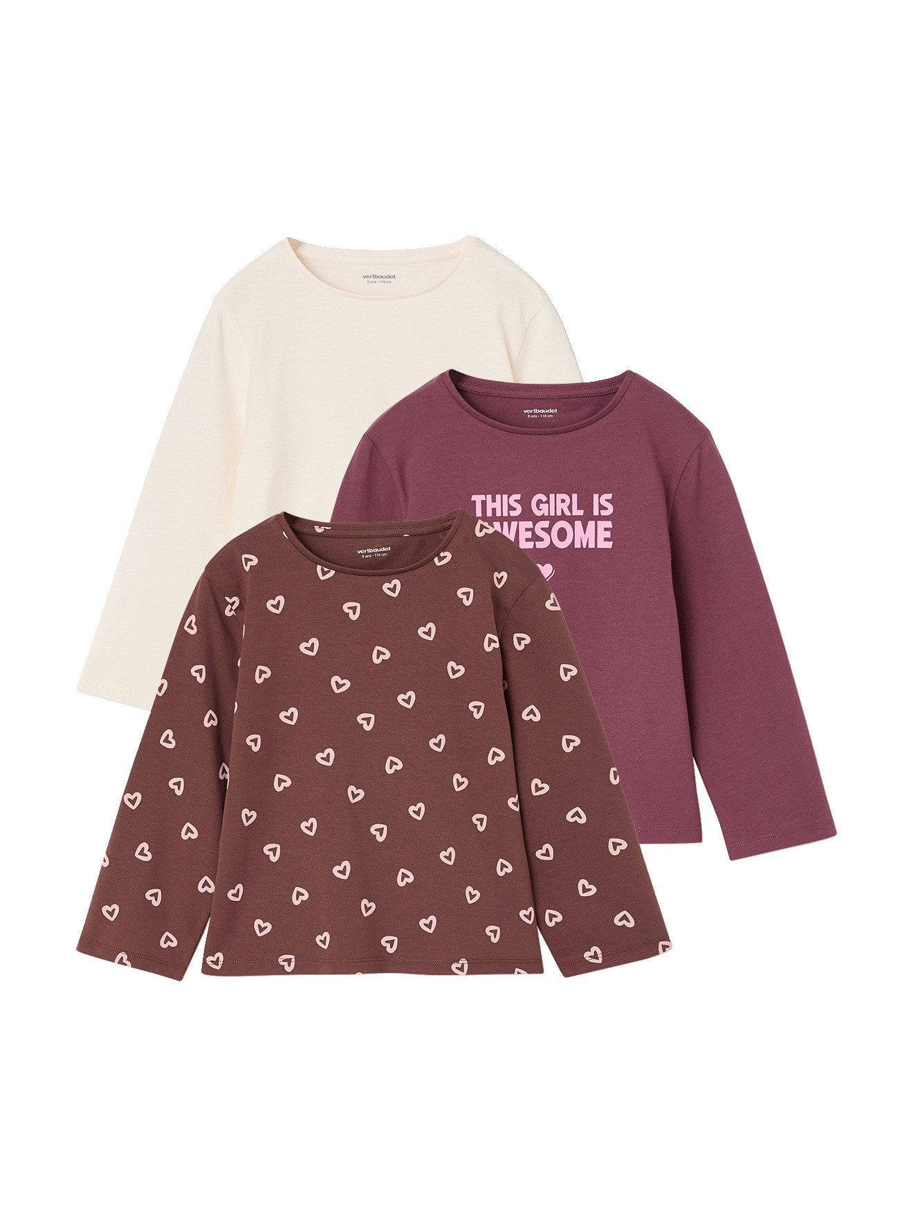 vertbaudet Langarmshirt Mädchen Shirts mit Print BASIC 3er-Pack