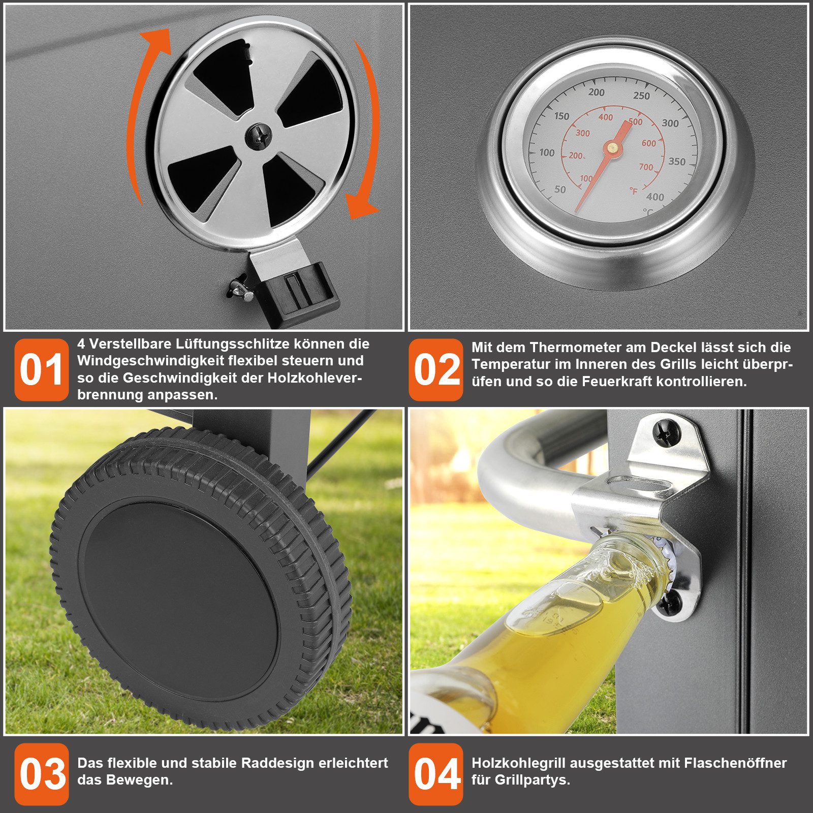 TLGREEN Holzkohlegrill Grillwagen XXL, mit Rädern & Thermometer, Hochwertiger Grillwagen für Garten Camping Picknick, Smoker Grill mit Deckel, Höhenverstellbarer Grillrost, Klappbarem Lagerregal und Flaschenöffner, Rostbeständig BBQ Grill