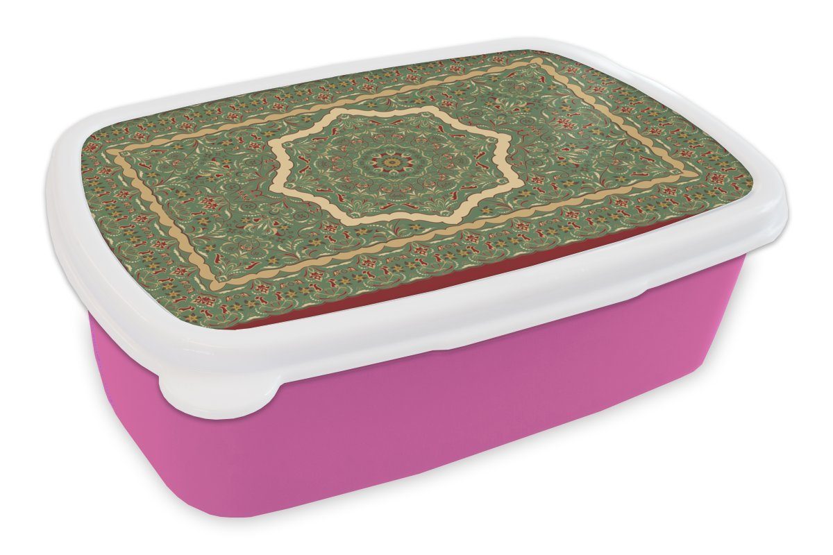 Snackbox, Kunststoff, Mädchen, Kinder, - Teppiche Grün, rosa Erwachsene, Lunchbox Teppiche Brotbox für - Mandala Persische (2-tlg), MuchoWow Kunststoff - Brotdose