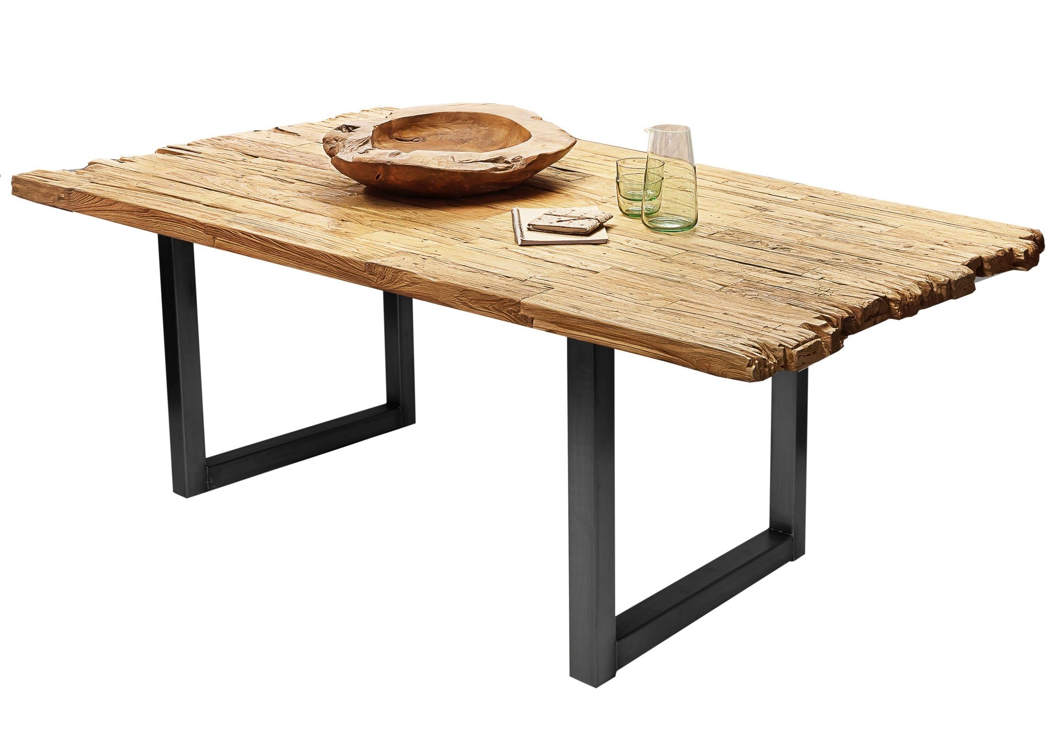 TPFLiving Esstisch Kylon - Platte recyceltes Teak, Gestell Metall (Tischplatte in originellem Design - Platte natur, Gestell antikschwarz, Esstisch - Desinger Tisch Luxus - Esstisch massiv), Plattenstärke 50 mm - Esstisch 160x90cm antik-schwarz | antik-schwarz