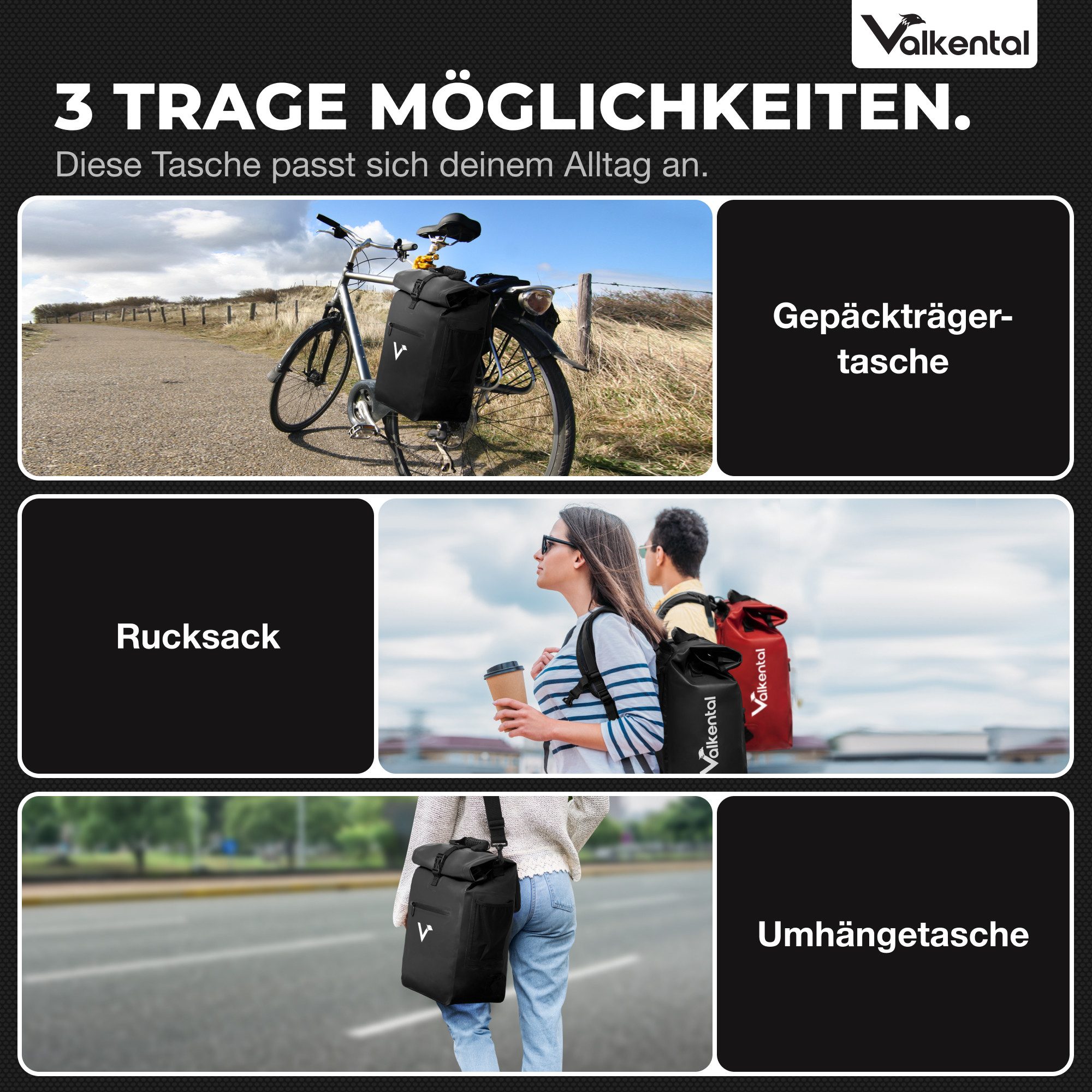 Valkental Fahrradtasche Gepäckträgertasche, Rucksack und Umhängetasche, 3in1 - wasserdicht & reflektierend 25 L