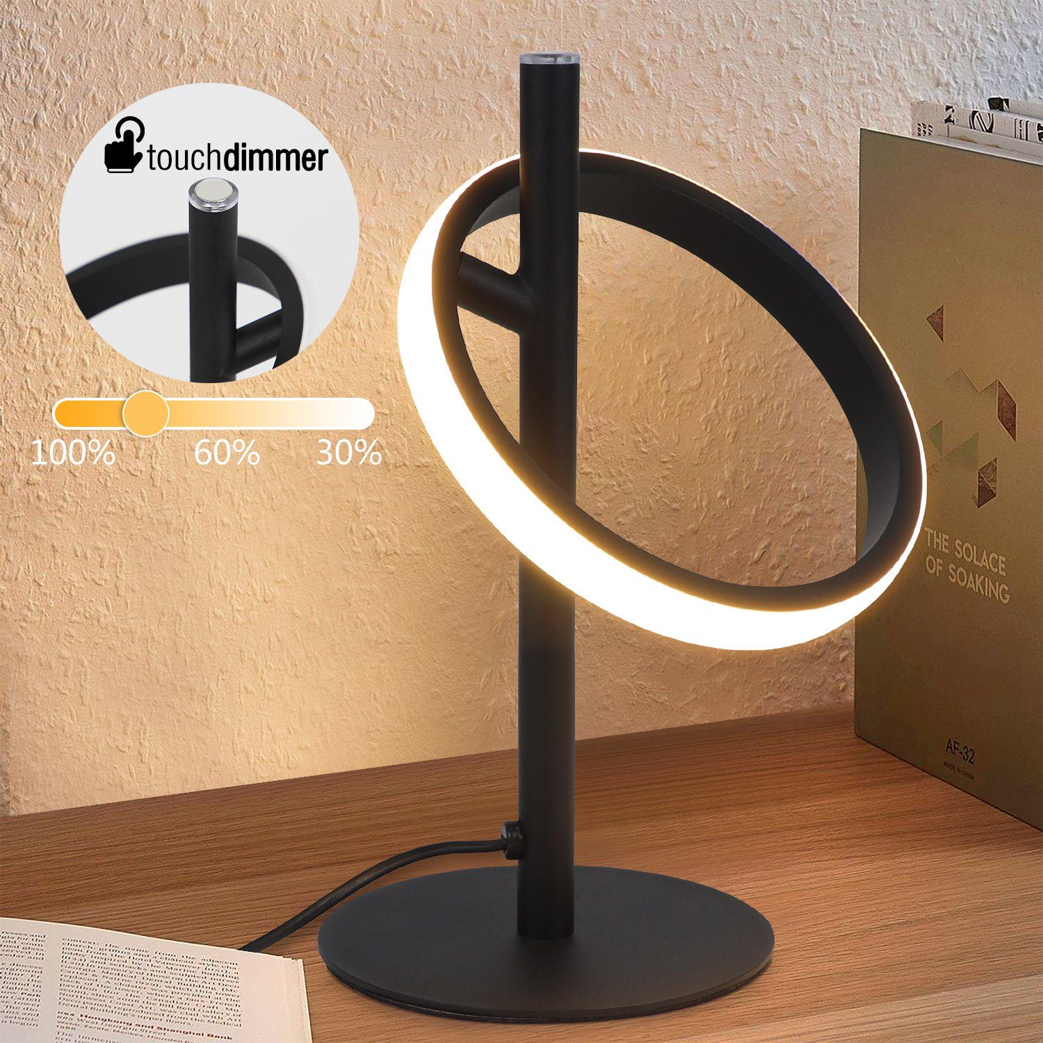 LED ZMH Abnehmbar Modern Ring, Tischleuchte Schwarz Drehbar 3000K, Schreibtischlampe, 1-Flammig Ringform Warmweiß