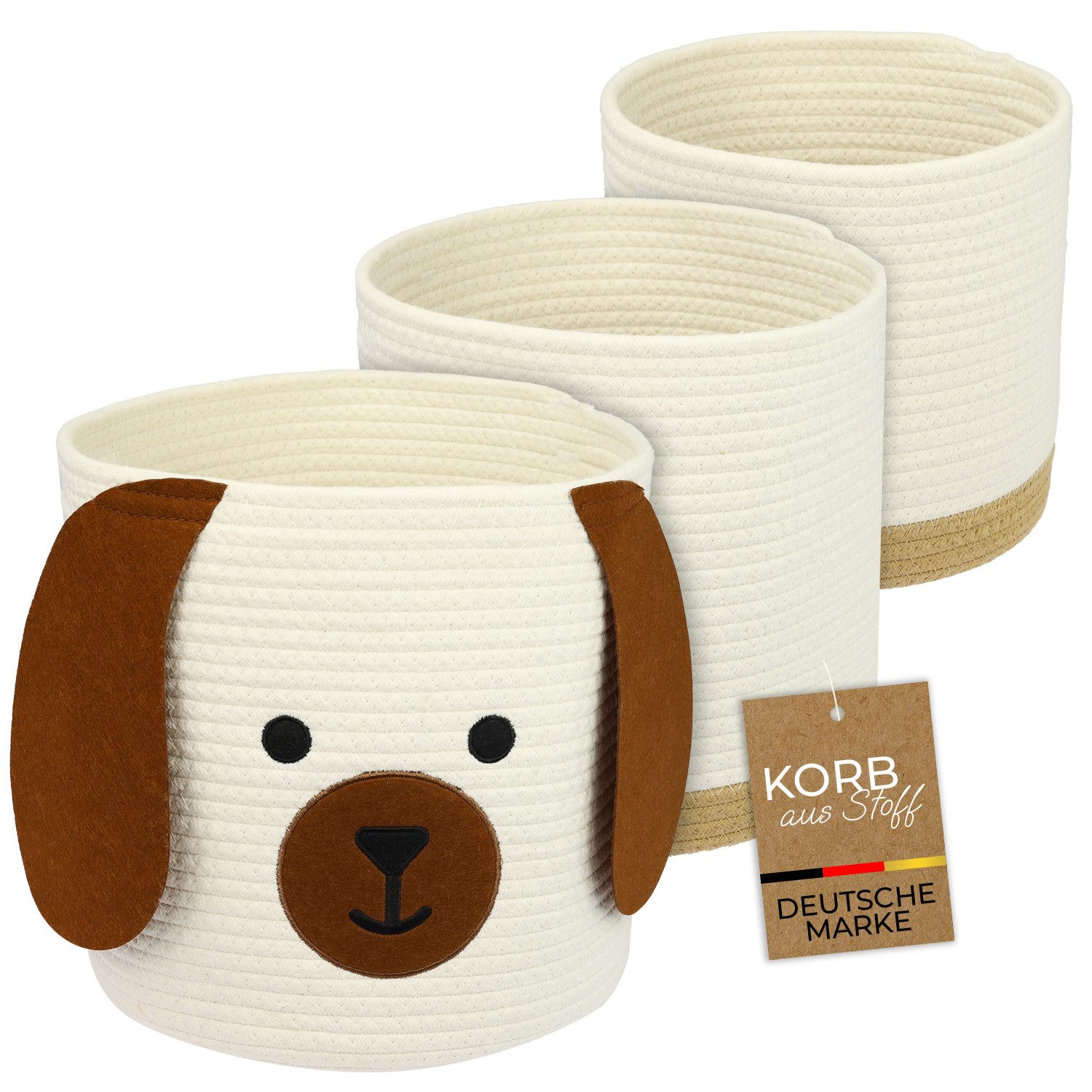 HMF Aufbewahrungskorb Aufbewahrungskorb mit versteckten Griffen (3er, Set), Korb für Kinderzimmer aus Baumwolle, Hund, Groß, Mittel, Klein