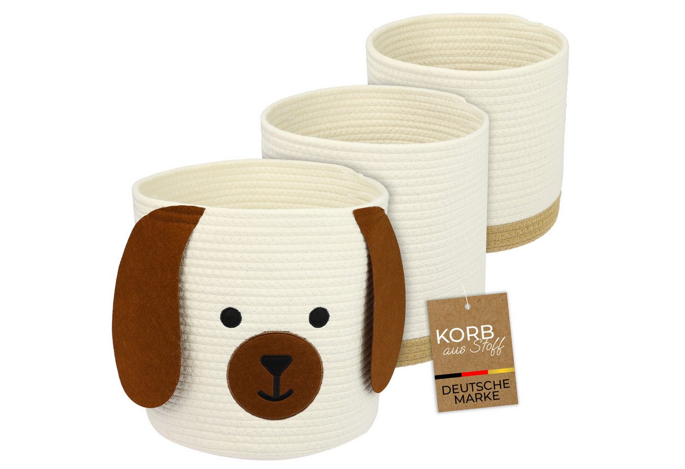 HMF Aufbewahrungskorb Aufbewahrungskorb mit versteckten Griffen (3er, Set), Korb für Kinderzimmer aus Baumwolle, Hund, Groß, Mittel, Klein