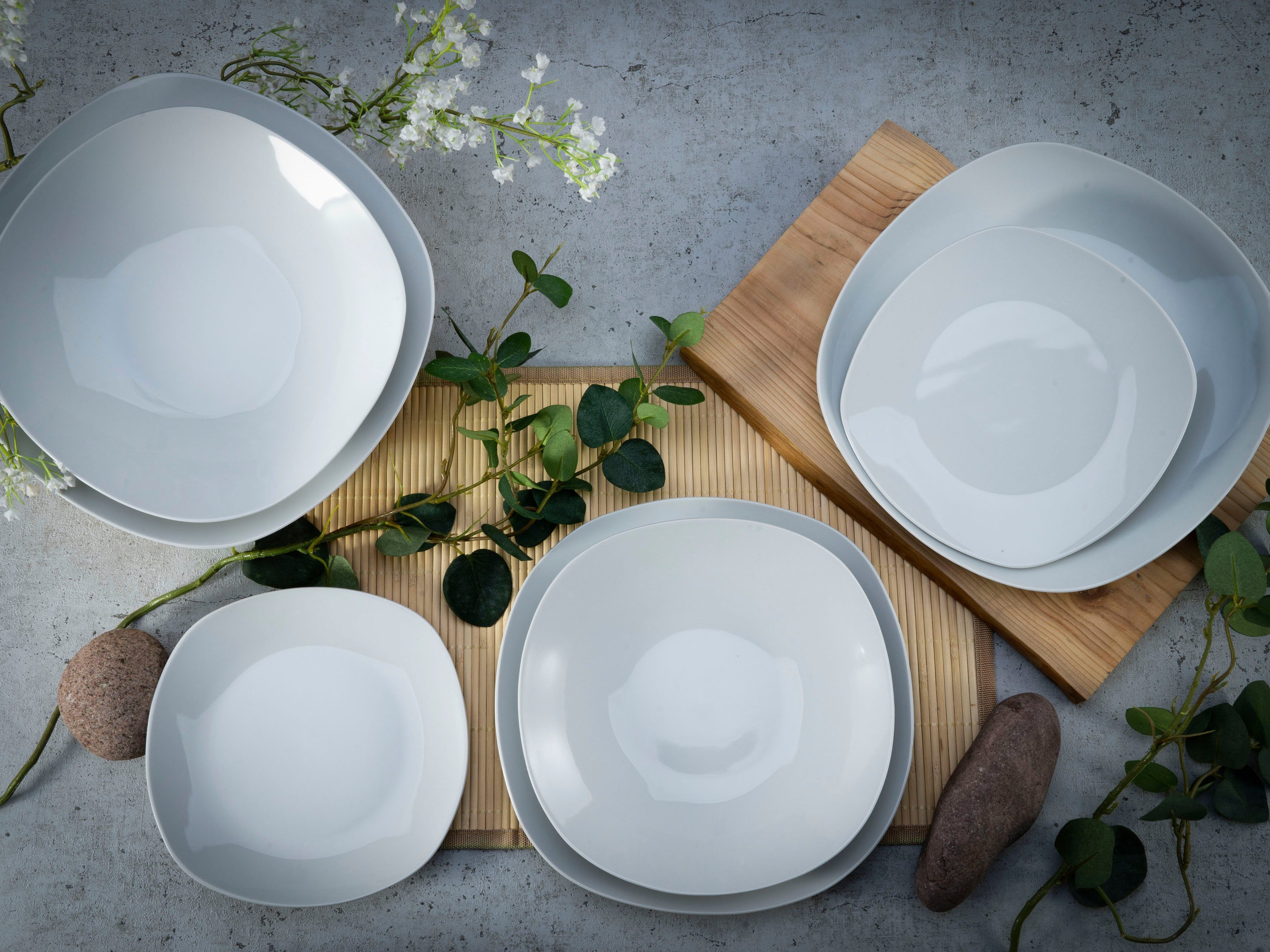CreaTable Teller-Set Square Weiss (18-tlg), 6 Personen, Porzellan, Teller Set, quadratische Form mit abgerundeten Ecken