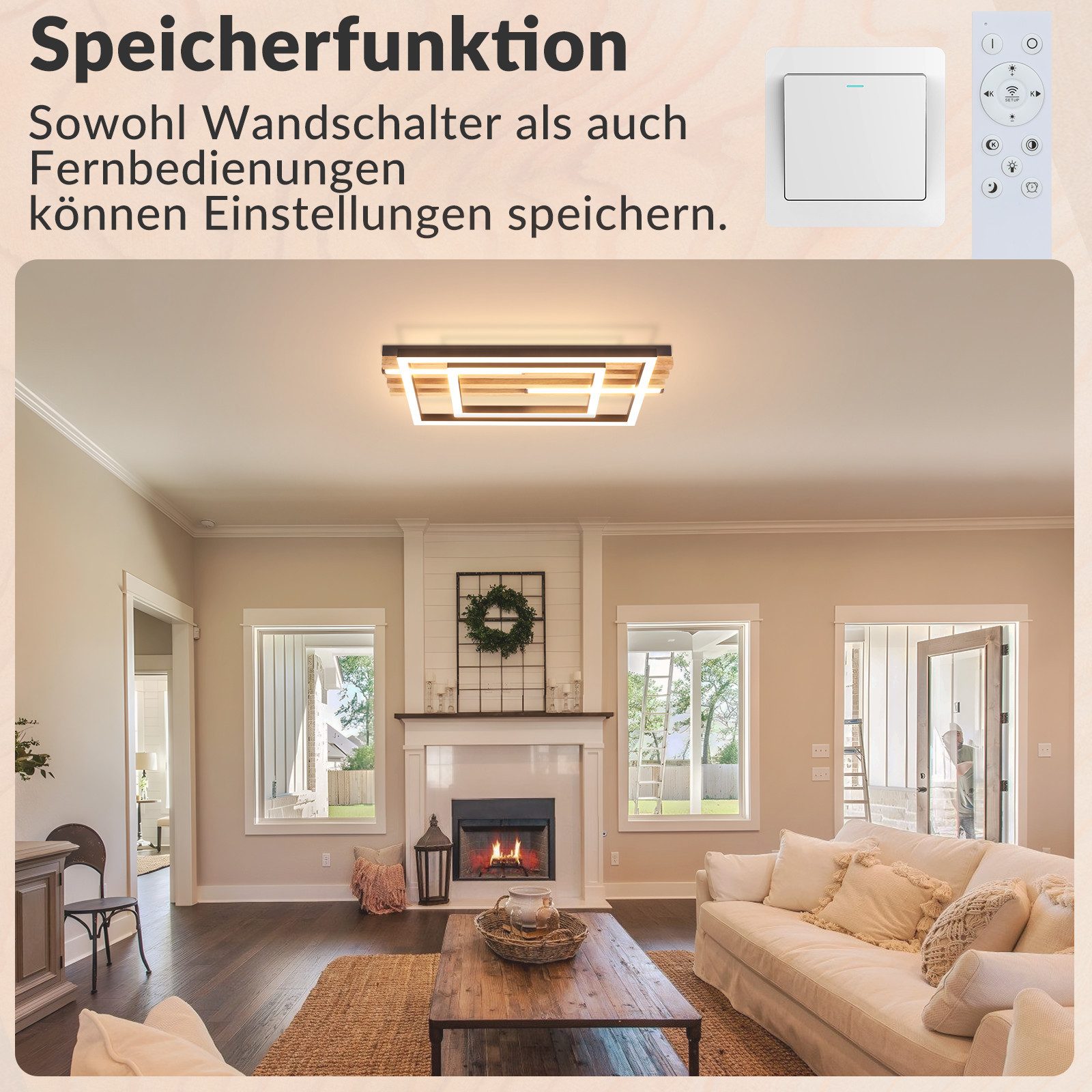 Nettlife LED Deckenleuchte Dimmbar Holz 2/3/4 Ringe Modern Deckenlampe Wohnzimmer, LED fest integriert, 34W 38*20.9*6.8CM für Schlafzimmer Büro Küche – Bild 5 von 5