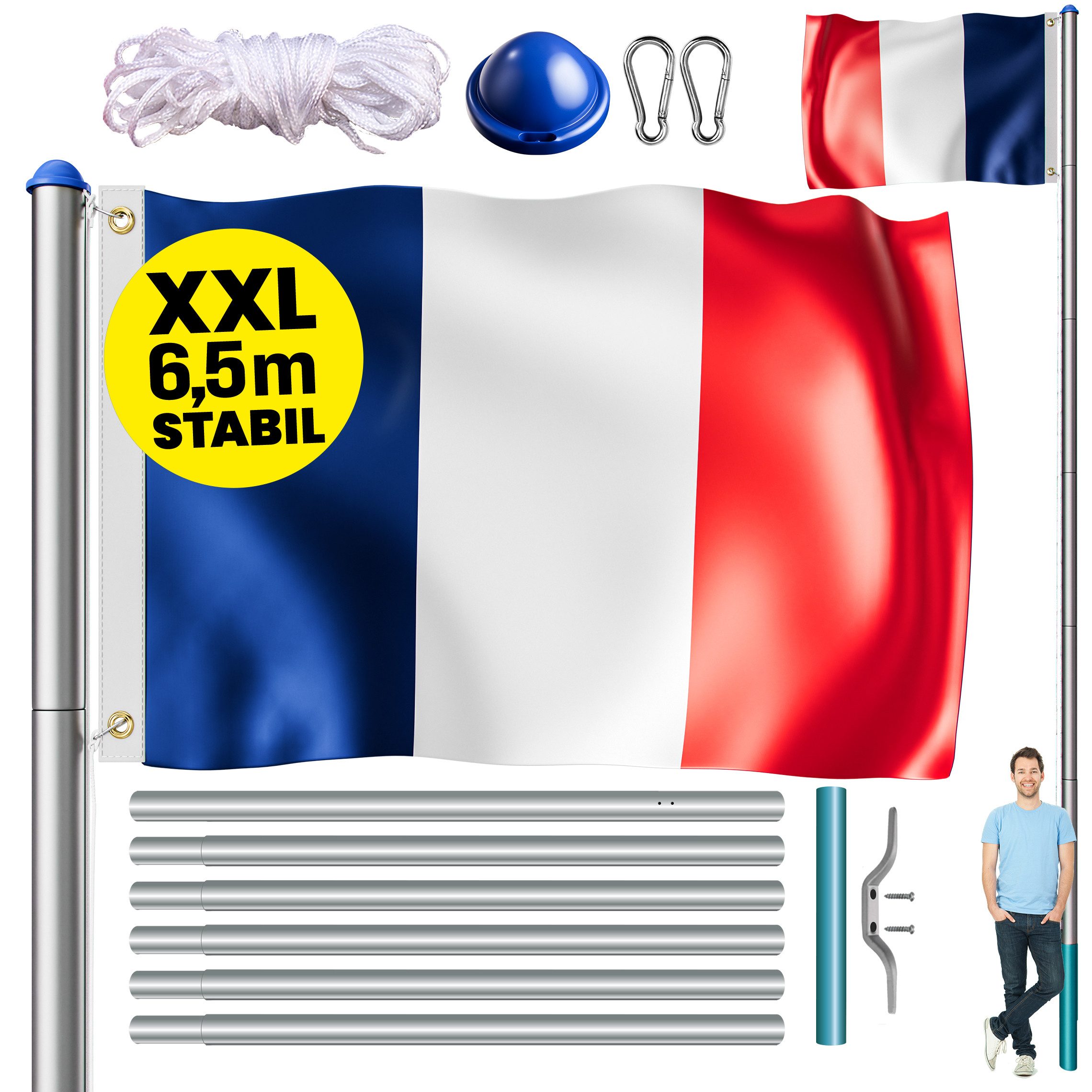 monzana Fahne, Aluminium Fahnenmast 6,50m mit Seilzug inkl. Flagge