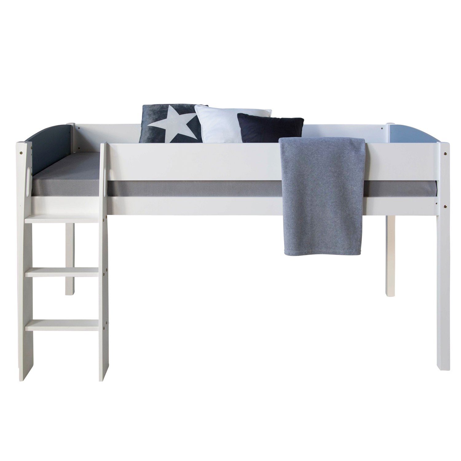 Homestyle4u Hochbett 90x200 Kinderbett Weiß Leiter Rausfallschutz Holzbett Treppe Kinder (ohne Lattenrost) stabil, platzsparend, Kiefer