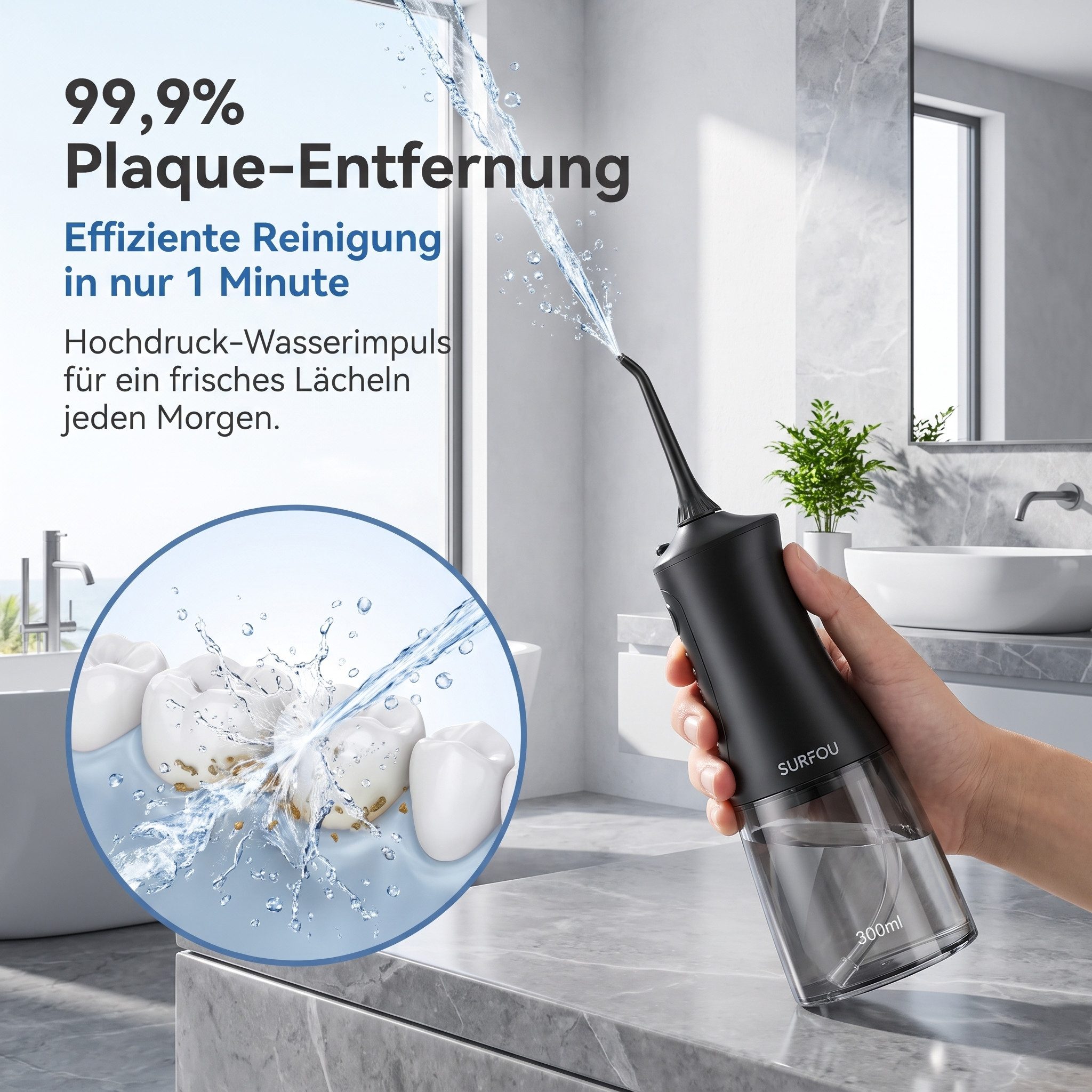 AIMAX Munddusche Munddusche kabellos 300 ml mit 5 Modi und 4 Düsen