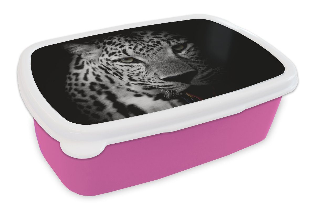 MuchoWow Lunchbox Tiere - Schwarz - Weiß - Panther - Porträt, Kunststoff, (2-tlg), Brotbox für Erwachsene, Brotdose Kinder, Snackbox, Mädchen, Kunststoff rosa