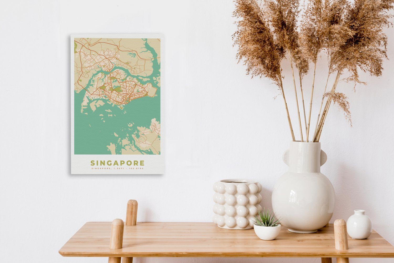 Karte, - - Karte Stadtplan St), (1 inkl. fertig Vintage - Leinwandbild Leinwandbild cm Zackenaufhänger, Gemälde, OneMillionCanvasses® - Singapur 20x30 bespannt
