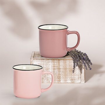 matches21 HOME & HOBBY Tasse Kaffeebecher 6er Set Emaille-Optik einfarbig Pastellfarben, Porzellan, Tee Kaffee-Becher, modern Vintage, alt-rosa pink, 330 ml