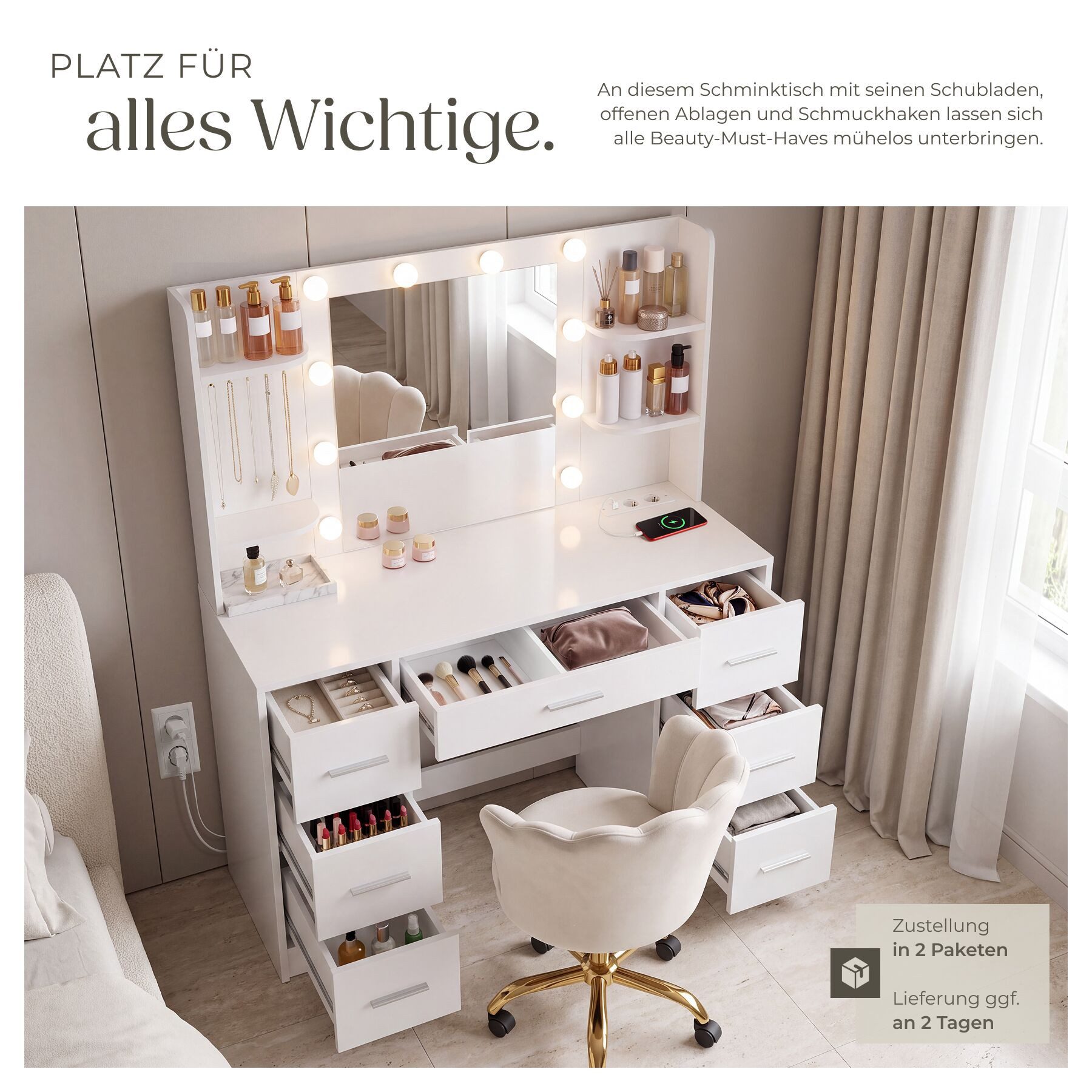 tectake Schminktisch Schminkkommode (Frisiertisch Charlotte, 1-St., in Weiß), 7 Schubladen, 4 Ablagen, 5 Haken, dimmbar, 3 Lichtfarben – Bild 3 von 5