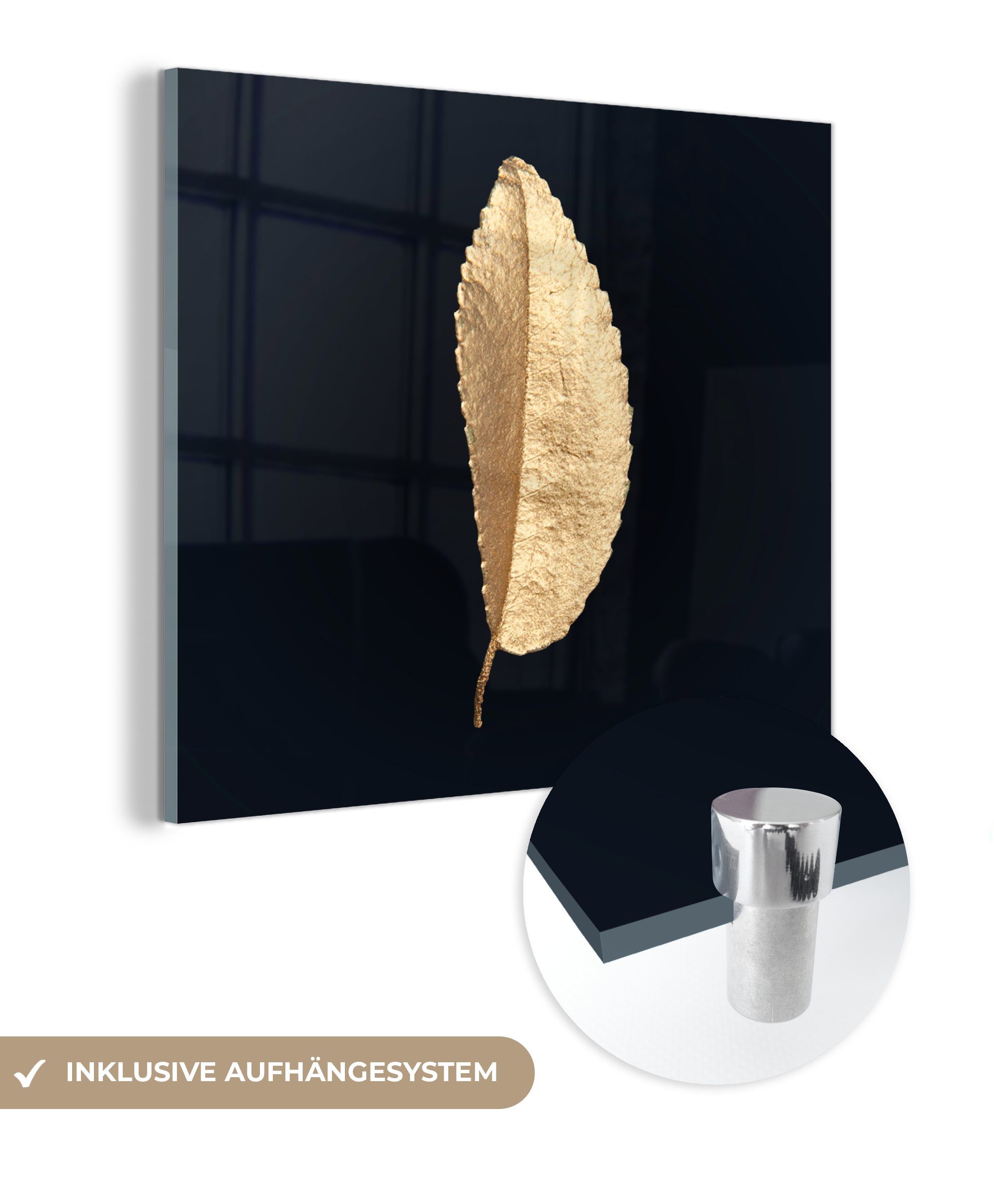 MuchoWow Acrylglasbild Blätter - Schwarz und Gold - Luxus - Chic - Natur, (1 St), Glasbilder - Bilder auf Glas Wandbild - Foto auf Glas - Wanddekoration bunt