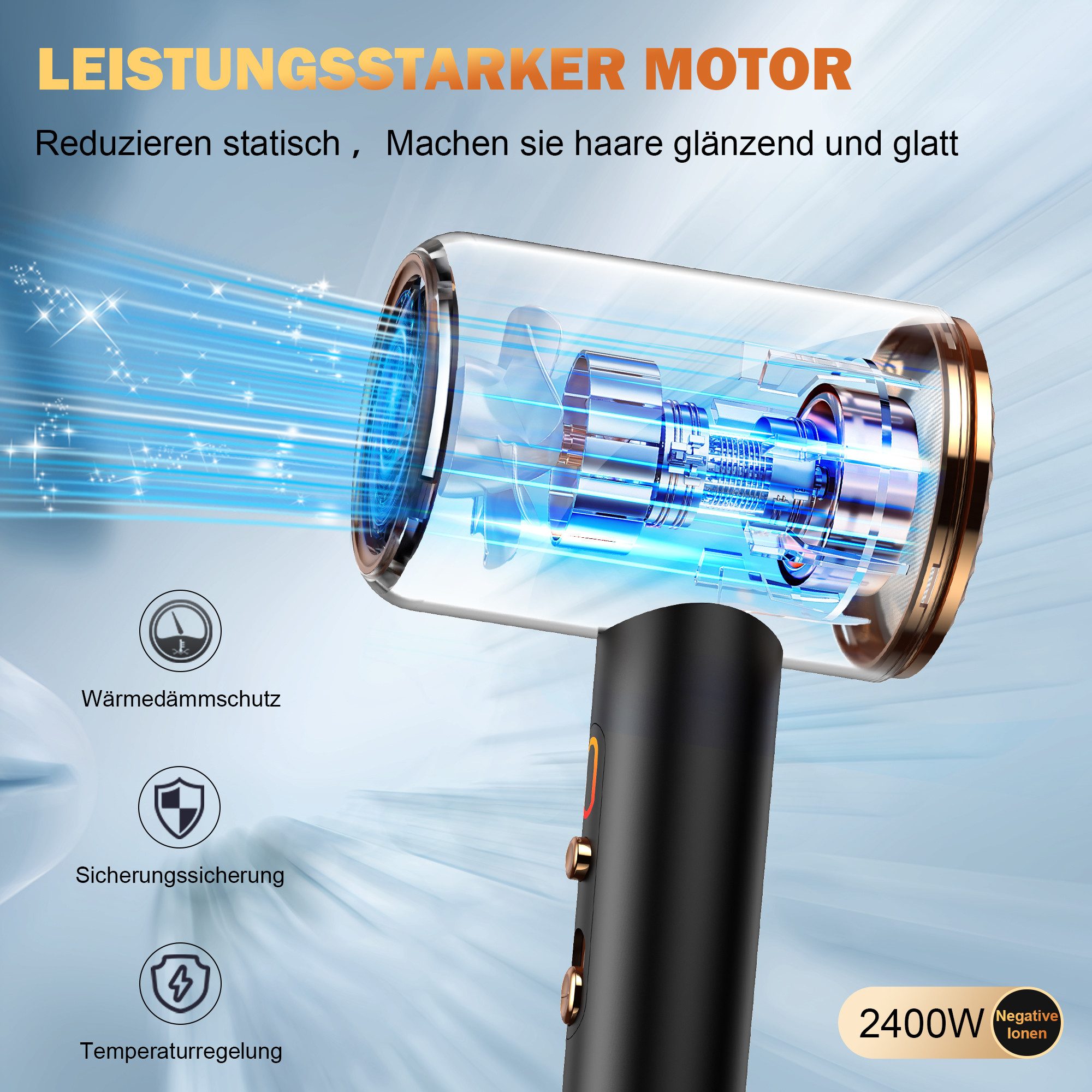 ibettertec Haartrockner Haartrockner Föhn Ionen 2400W,Anti-Spliss mit Kaltluft Modus, 2400,00 W, (25m/S, 3 Stylingaufsätze, angereichert mit Keratin und, Mandelöl, Ionenpflege - Anti Frizz, langlebiger AC-Motor)
