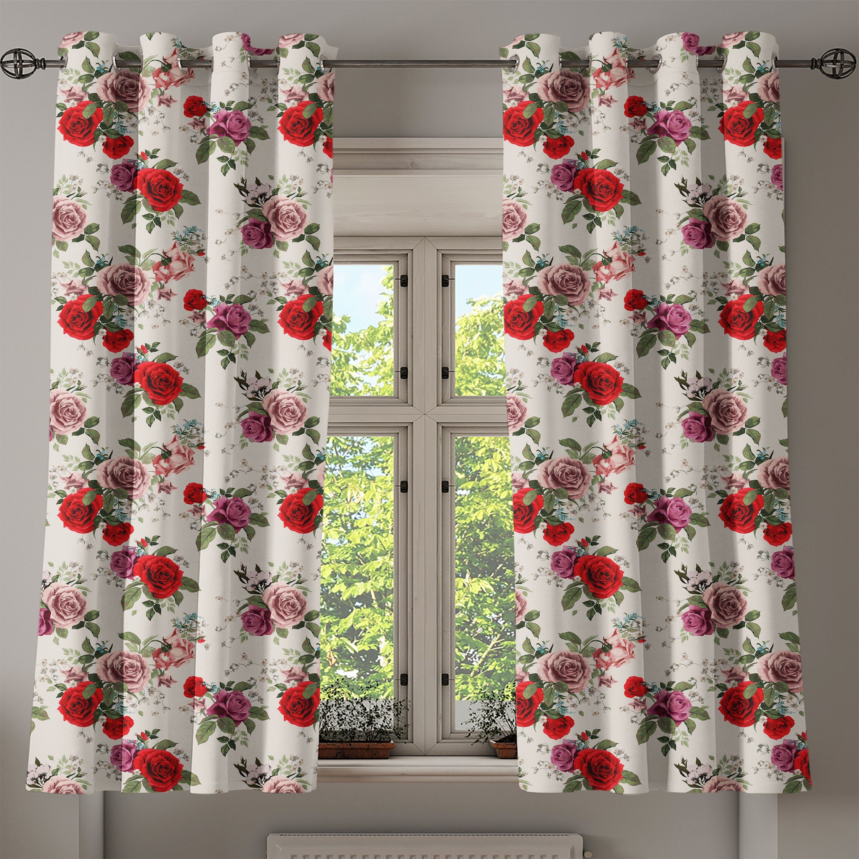 2-Panel-Fenstervorhänge Sommer Dekorative Gardine Romantisches Abakuhaus, Wohnzimmer, für Blumen-Blatt Schlafzimmer