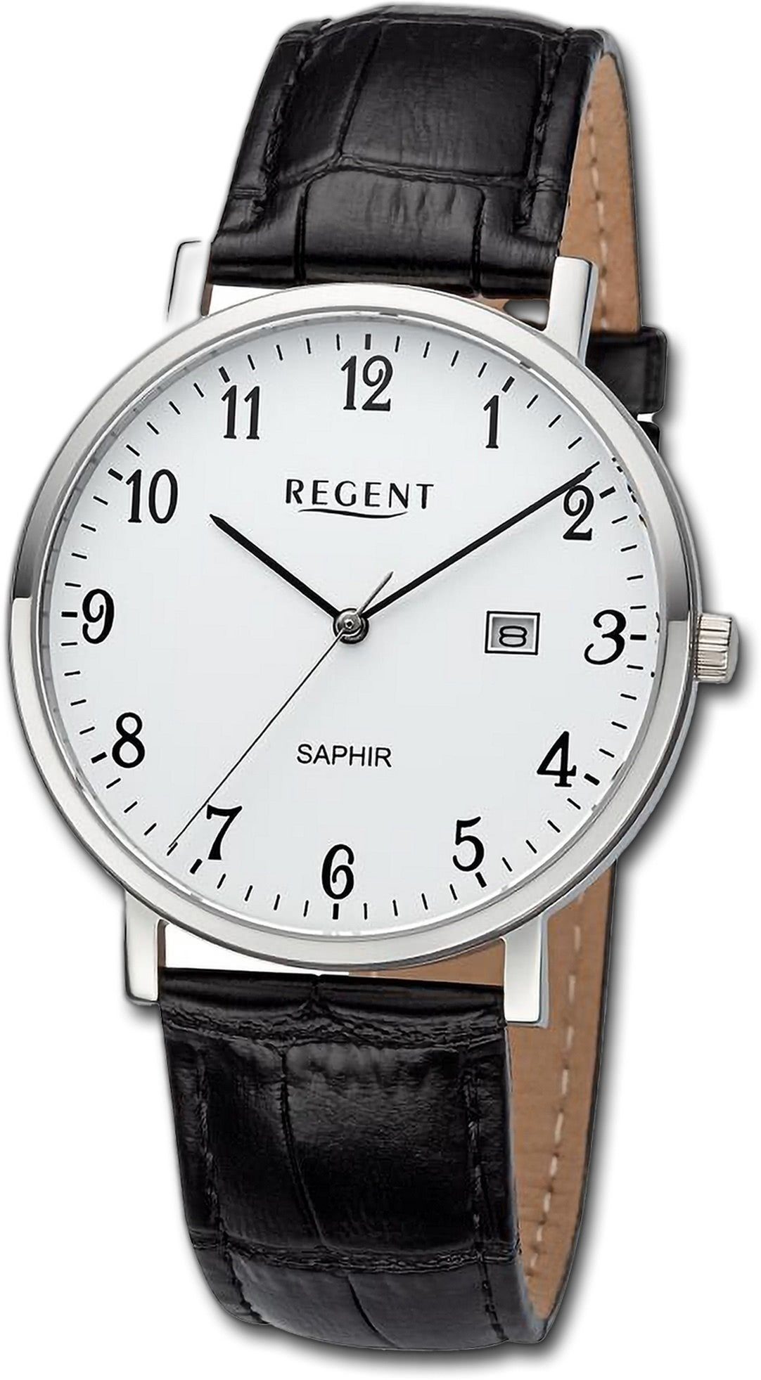 extra 40mm) groß (ca. Lederarmband Regent Herrenuhr Regent Quarzuhr schwarz, Analog, Herren Gehäuse, rundes Armbanduhr