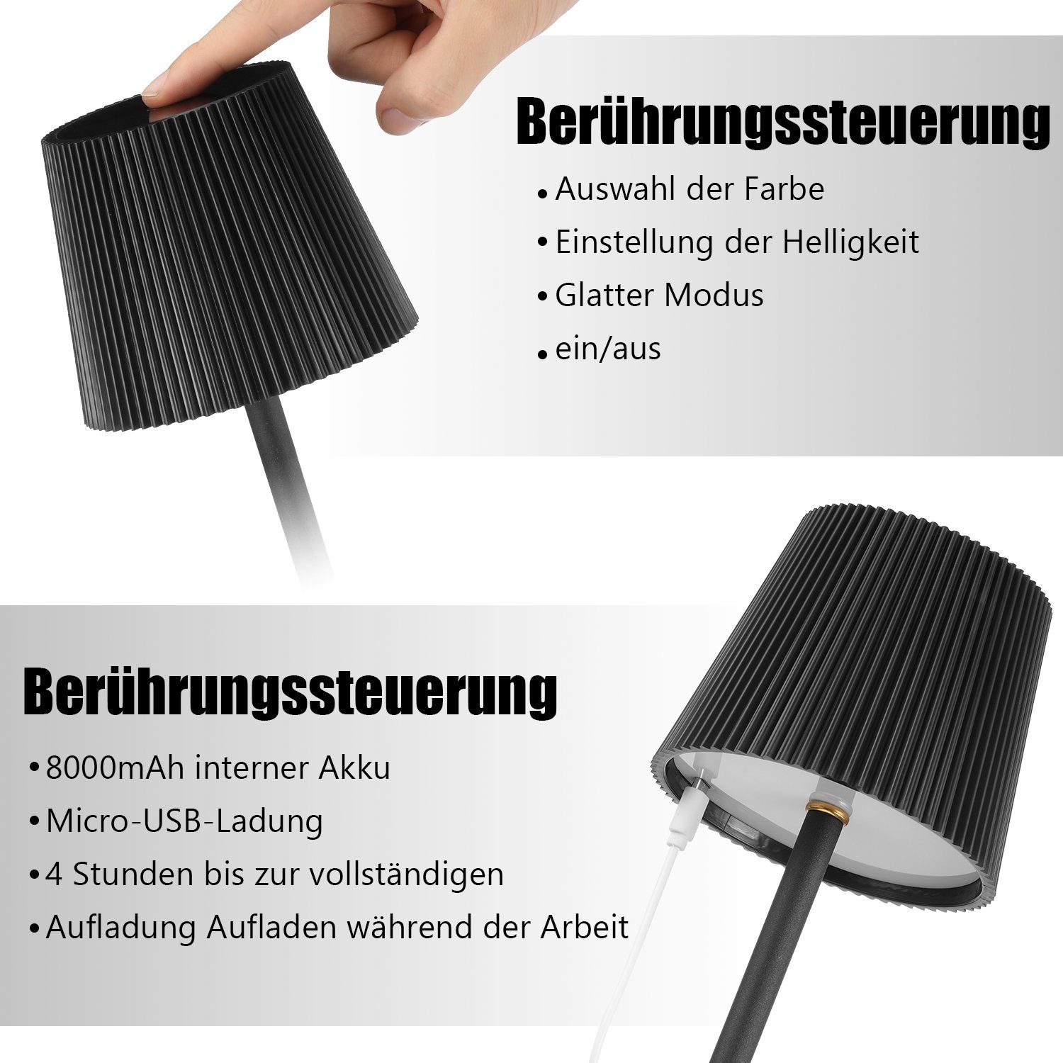 Naturweiß, Warmweiß, Metall LED LED iscooter Tischleuchte tischleuchte aufladbare 3 mit Metallsocke Farben Tischlampe Dimmbar Tischlampe, led Abnehmbar kabellos, Tischlampe,Touch Schwarz integriert, fest Kaltweiß, LED LED IP54