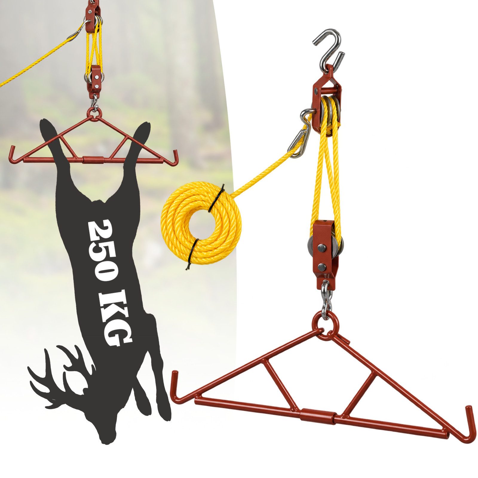PRIISF Seilzug Wildgalgen 250 kg Game Hoist Gambrel System Zerwirkhilfe Jagdzubehör, (4:1 Flaschenzug Dual Pulley Lift Jagd-Wildhebezeug Aufbrechgalgen), Perfekt für die Wildjagd & Geschenke für Männer
