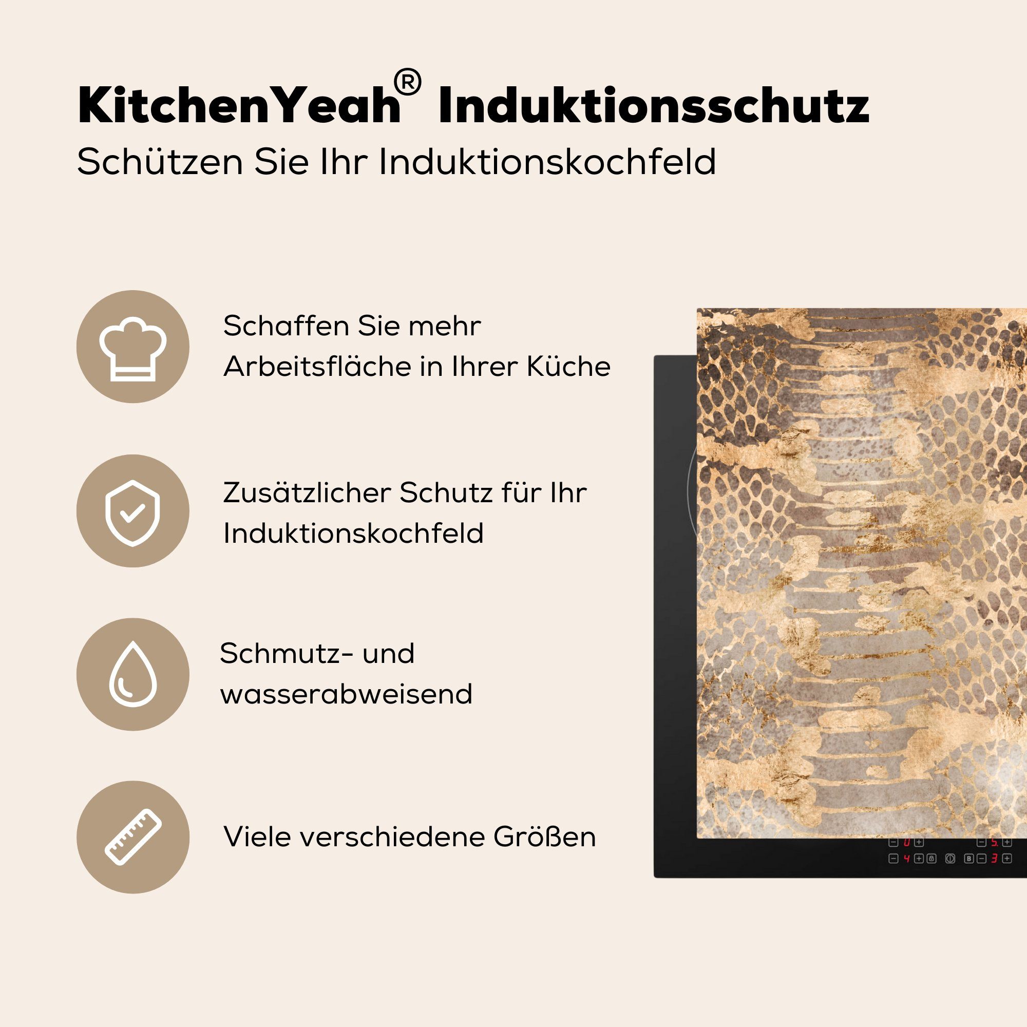 MuchoWow Herdblende-/Abdeckplatte Tiermuster Induktionsmatte - Luxus, (1 Vinyl, Gold für die küche, Ceranfeldabdeckung Schlange - cm, tlg), - 59x52
