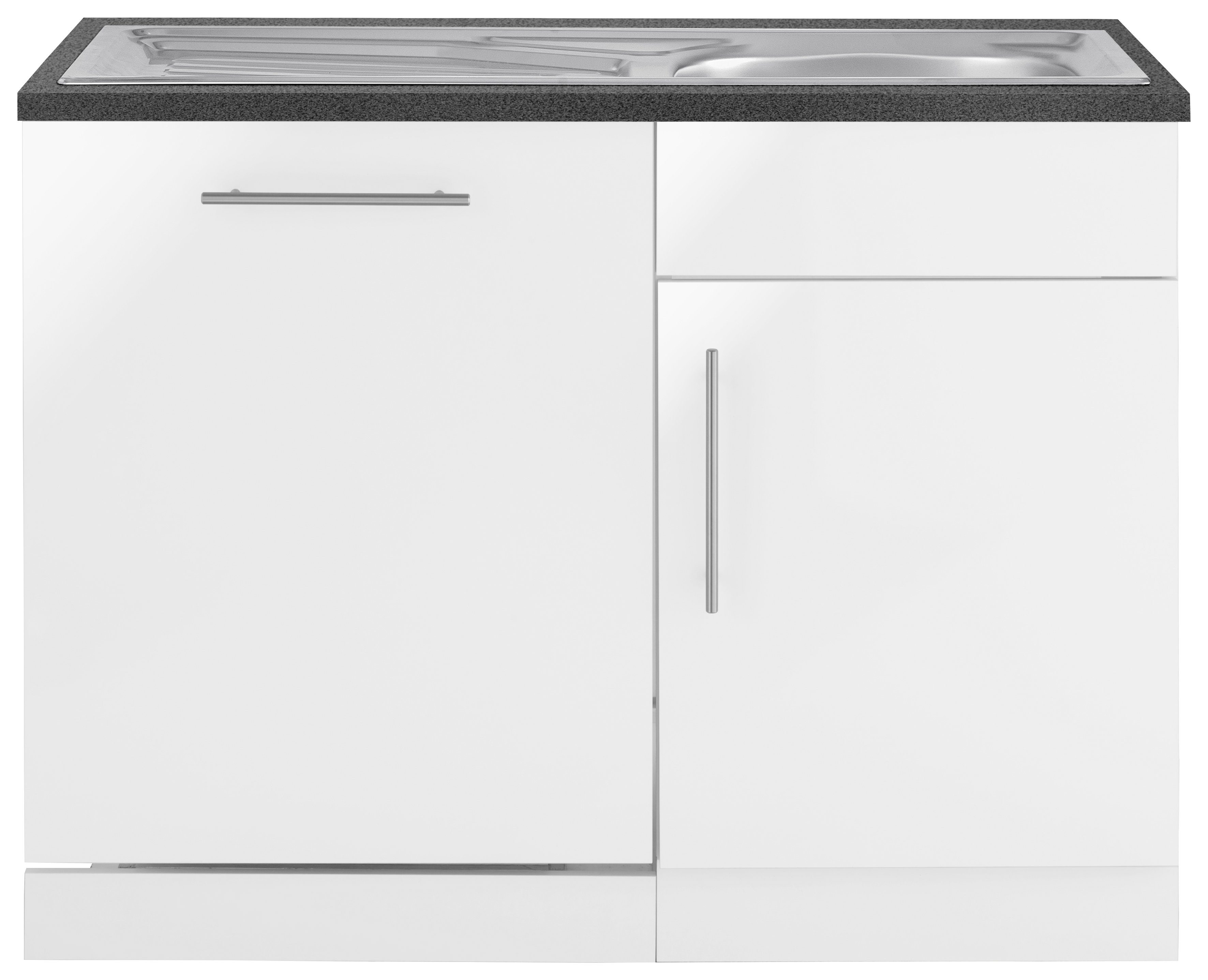 wiho Küchen Spülenschrank "Cali" 110 cm breit, inkl. Tür/Sockel für Geschirrspüler Front: Weiß Glanz, Korpus: Weiß, Arbeitsplatte: Granit Grau | Weiß